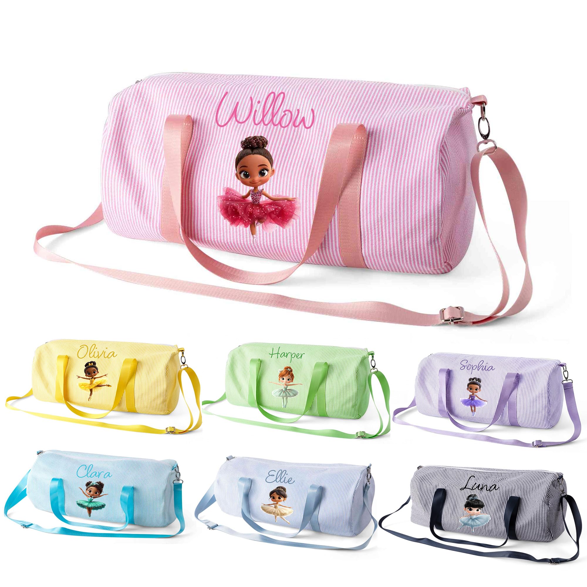 Borsa personalizzata per danza classica per bambine Borsa da viaggio a righe in seersucker con tracolla Borsa da palestra rosa Borsa sportiva per bambini Regalo perfetto per la danza 23cm × 23cm× 46cm