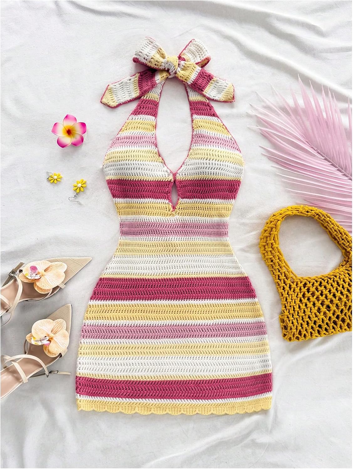 SOLY HUX Women's Striped Bodycon Halter Dress Sleeveless Cut Out Backless Beach Vacation Mini Knit Dresses - Image 4