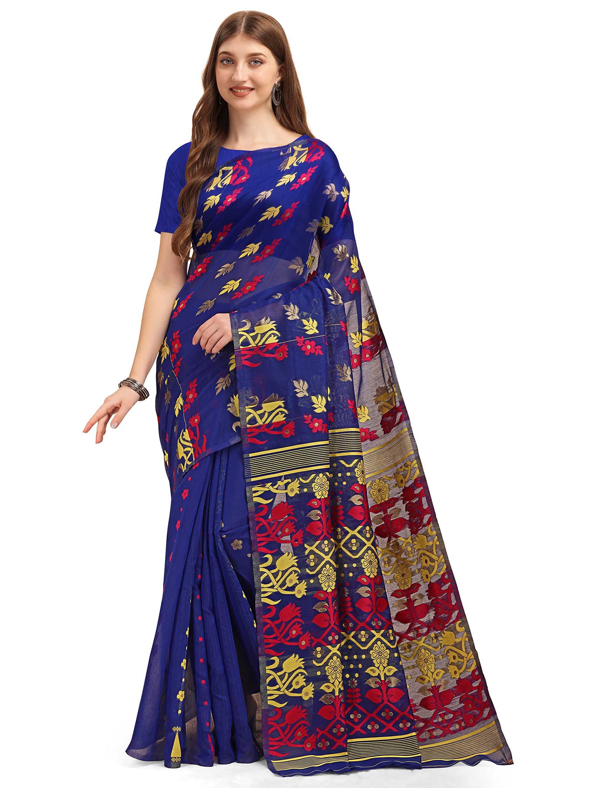 SAREE SILK HOUSEDhakai Jamdani Bengal Handloom Designer Saree Thread work Handcrafted Sarees For Women Indian Traditional Party Wear (Blue)
