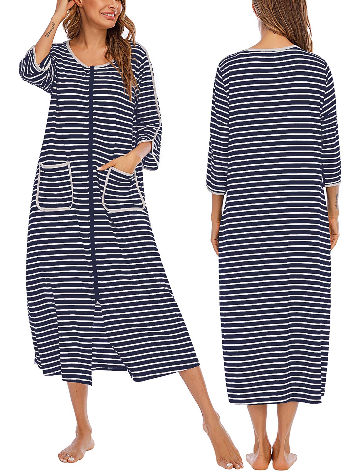 Veseacky Womens Robes Lightweight Cotton 3/4 Sleeve Robe Lounge Robes Kimono Robes with Pockets (Navy,Medium)