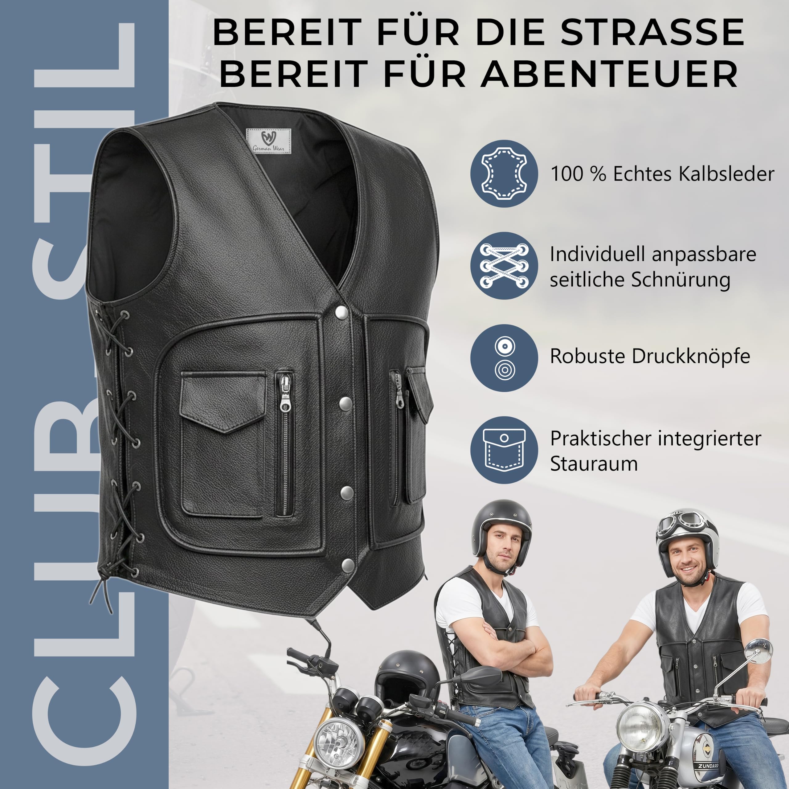 Rad Masters German Wear, Leder Motorrad Kutte Lederweste Bikerweste Motorradweste Weste Schnürung Schwarz
