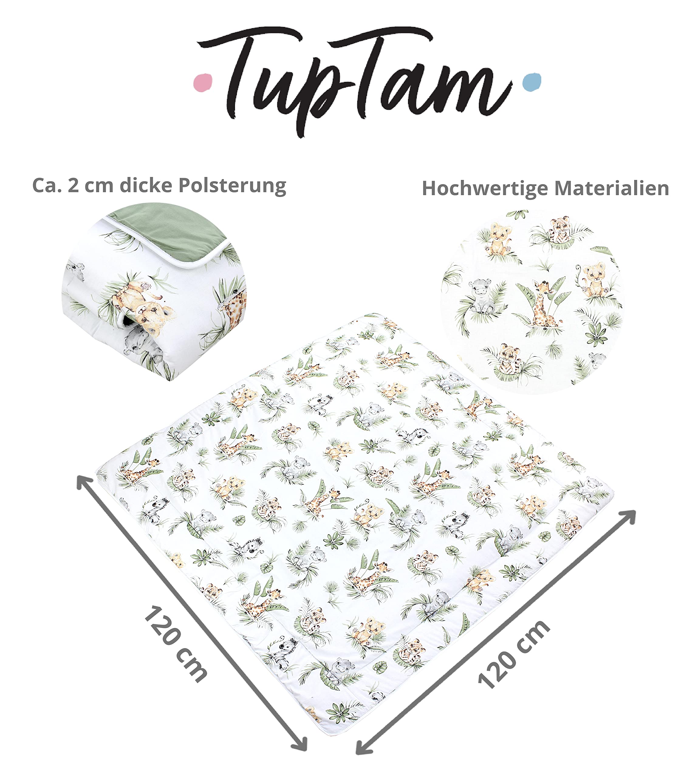 TupTam Krabbeldecke für Baby 120x120 cm - Gepolsterte Spieldecke Baby Baumwolle, XXL, OEKO-TEX, Weich & Hautfreundlich, Farbe: Safari/Löwe/Braun/Blätter/Grün - 4