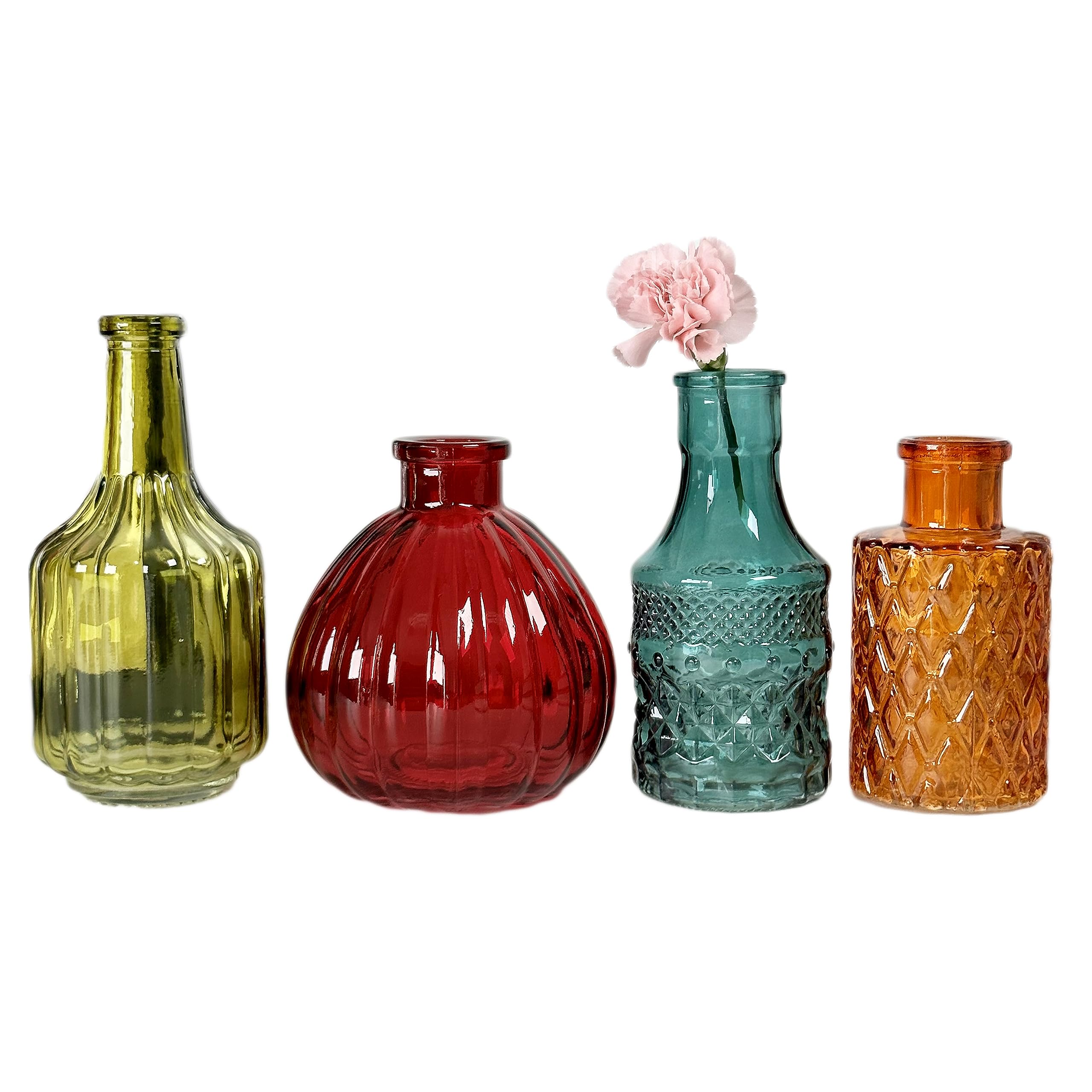 Eclectic Glass Bud Vases Set Of 4 Coloured Bottle Flower Stem Holders Decor Gift