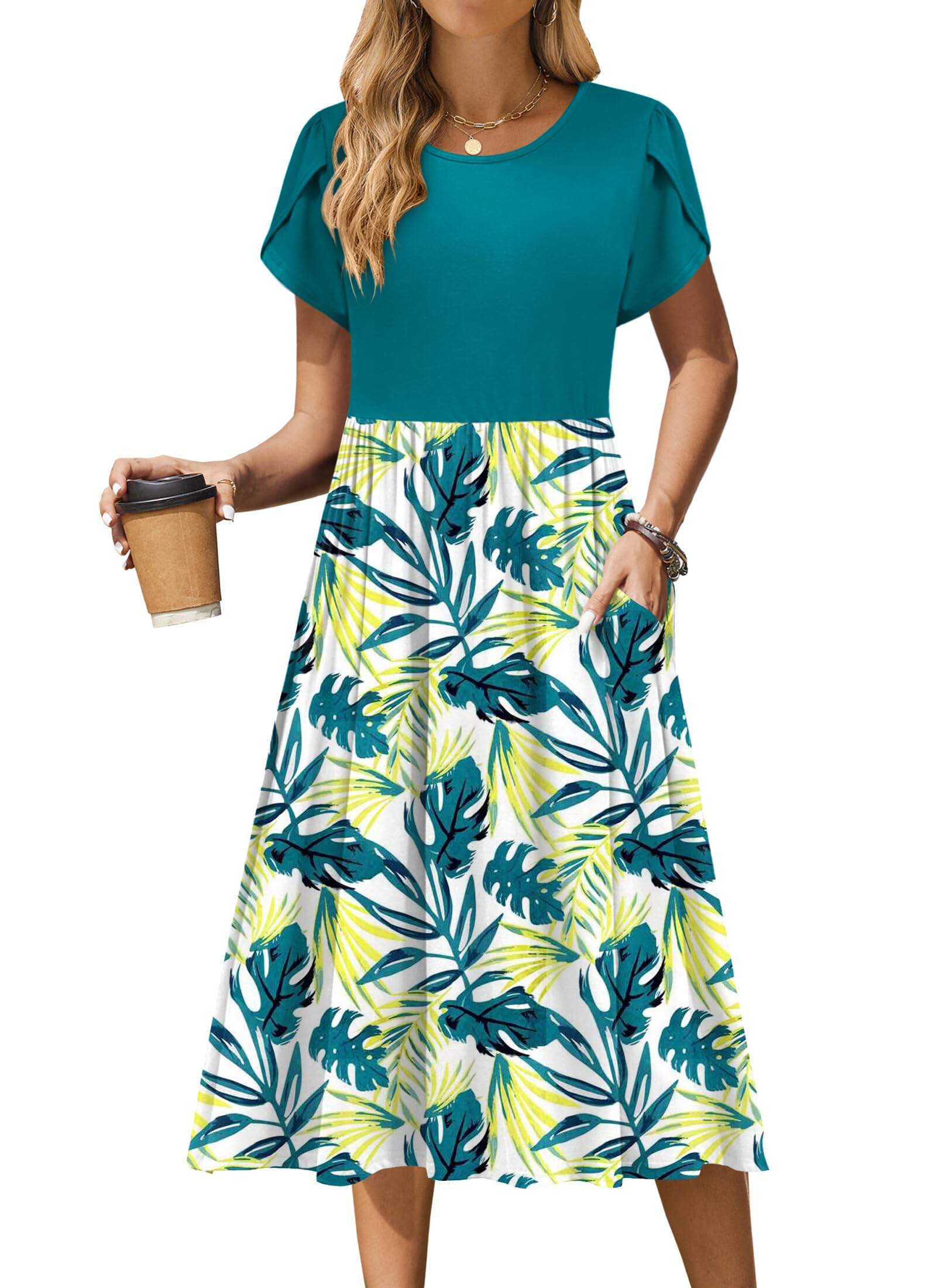 Zeagoo Flowy Sundress with Pockets Summer Loose Shift Dress Crewneck Short Sleeve Midi Dress Alin Swing Dress Casual Floral Print Dress Tropical Dress 2025,XL
