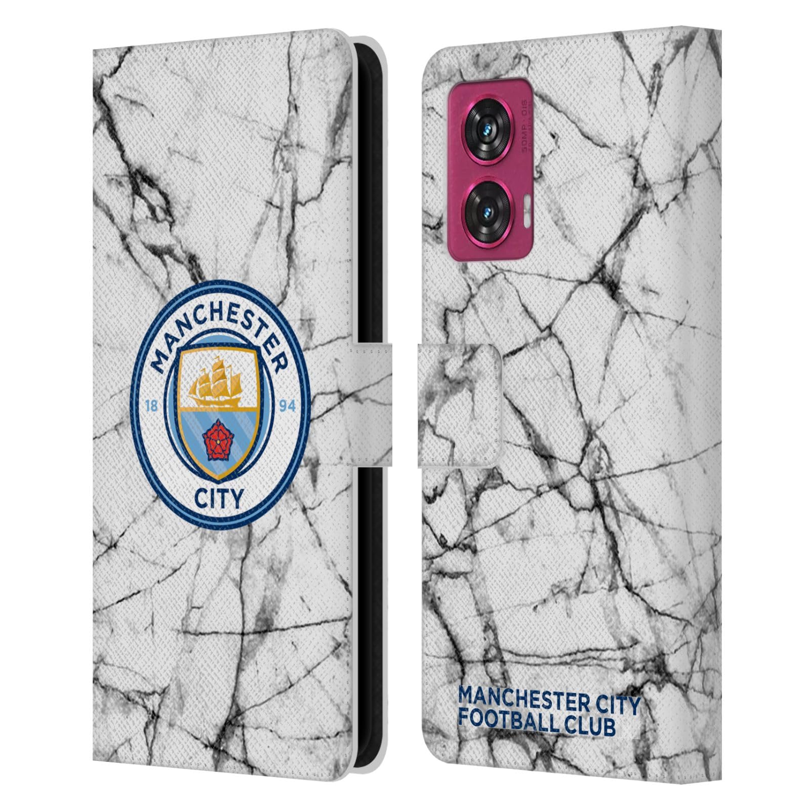 Head Case Designs Officially Licensed Manchester City Man City FC Full Colour Marble Badge Leather Book Wallet Case Cover Compatible with Motorola Edge 50 Fusion