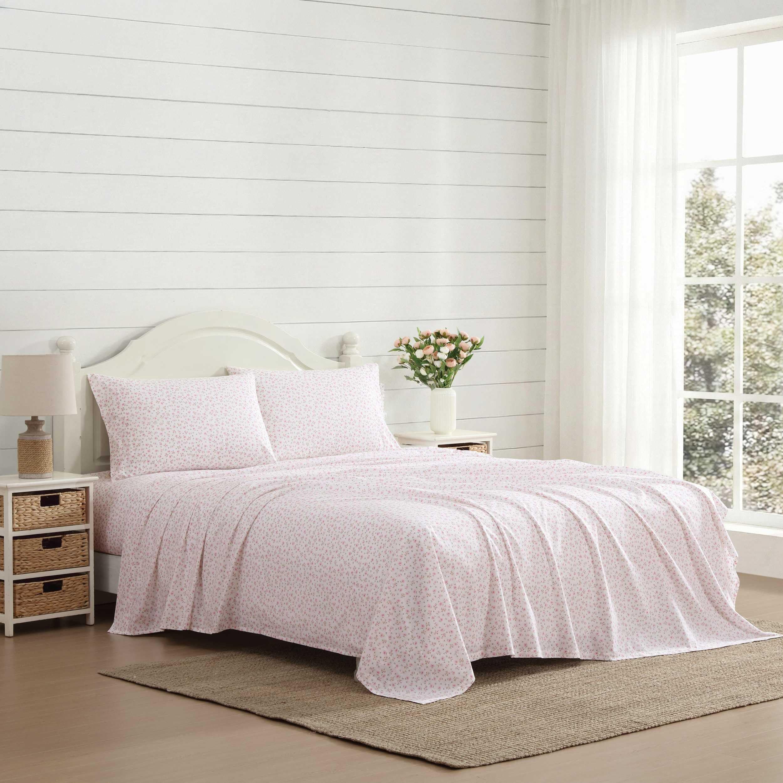 Laura Ashley - Twin XL Sheet Set, Crisp &amp; Cool Cotton Percale Bedding for Year Round Comfort, Deep Pocket, Bed Sheets with Matching Pillowcase (Little Ditsy Pink)