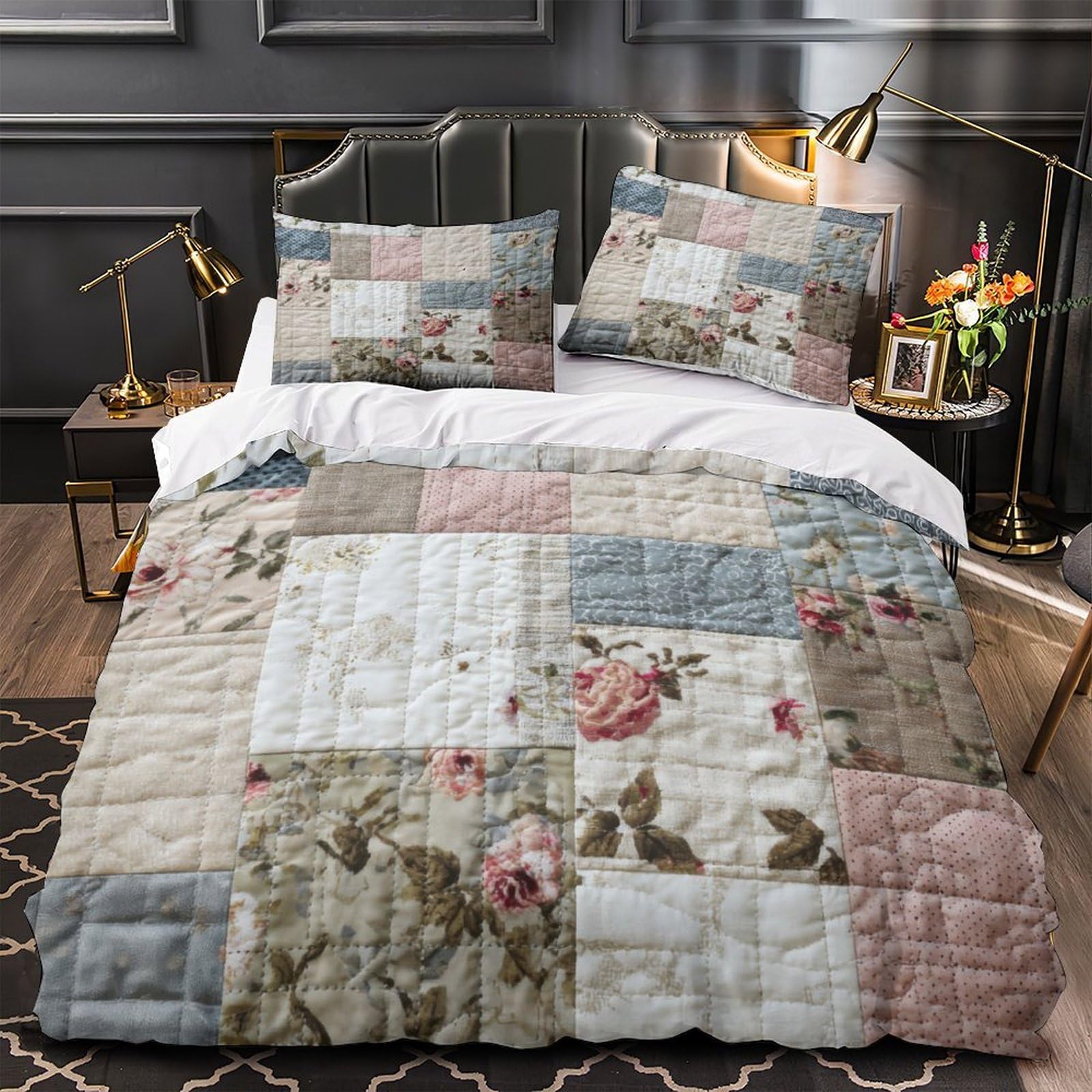 Parure de lit imprimée en 3D motif vintage pour une atmosphère douce et apaisante