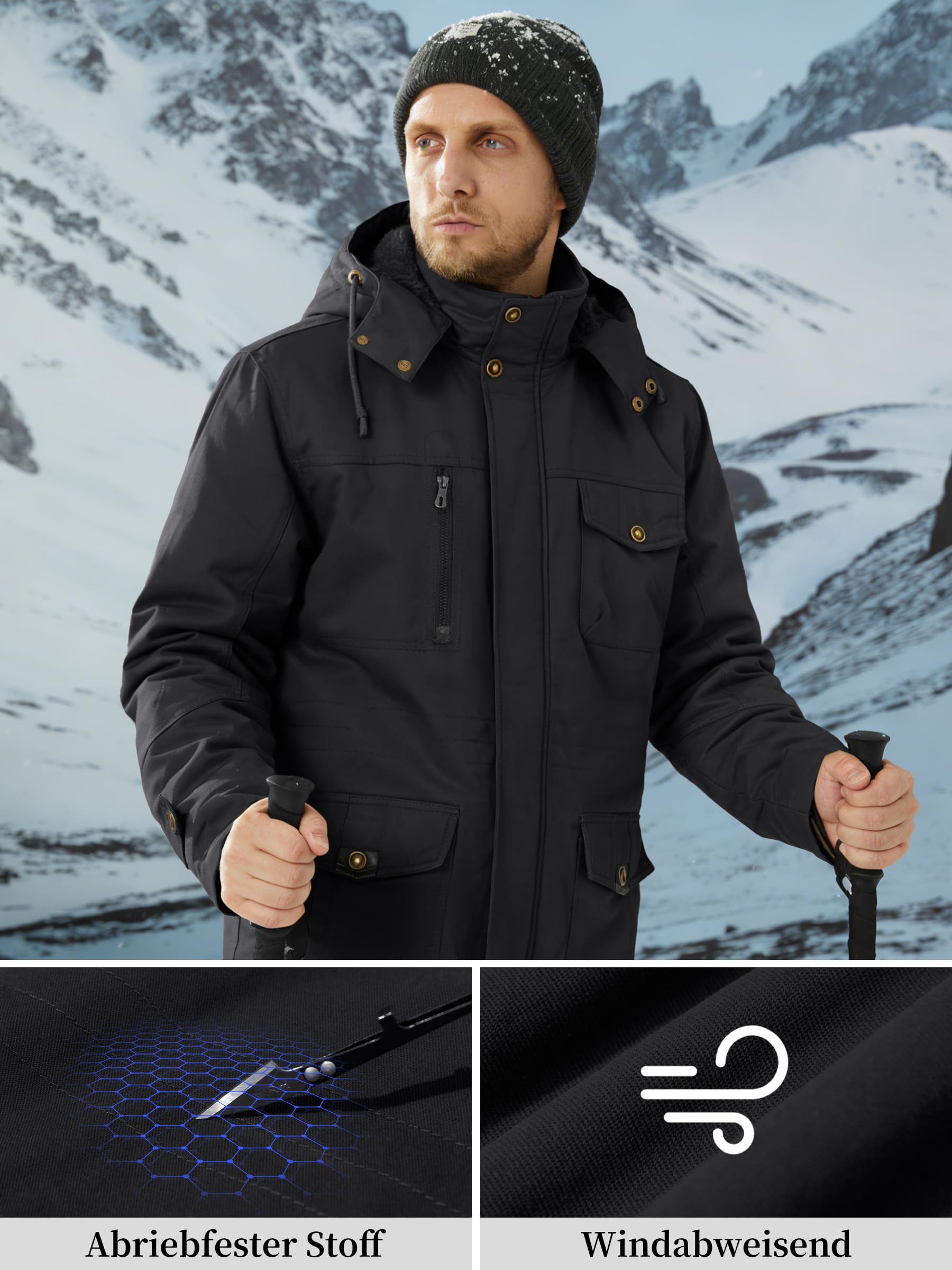 KEFITEVD Winterjacke Herren Warm Gefüttert Jacke mit Abnehmbarer Kapuze | Warme Gefütterte,Winterjacke mit Abnehmbarer Kapuze,Cargo Winterparka,Stehkragen Übergangsjacke,Militärstil