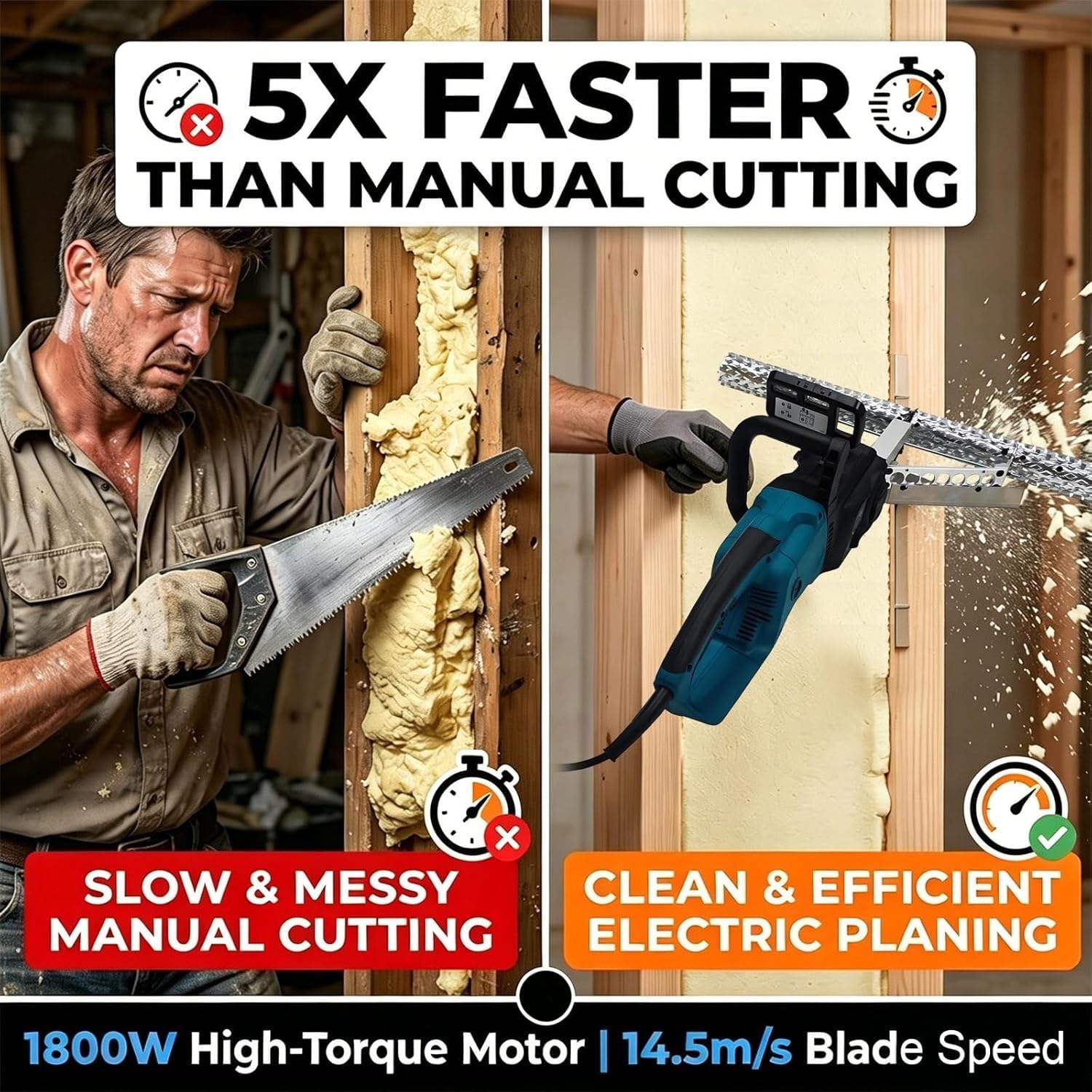 Foam Planer Saw, Foam Planer Insulation Trimmer, for Wall Trimming | Head Selection For Open Cell And Closed Cell, Dual Handle Design, 14.5m/s Speed, For Wall Preparationa(Open-cell,70cm)