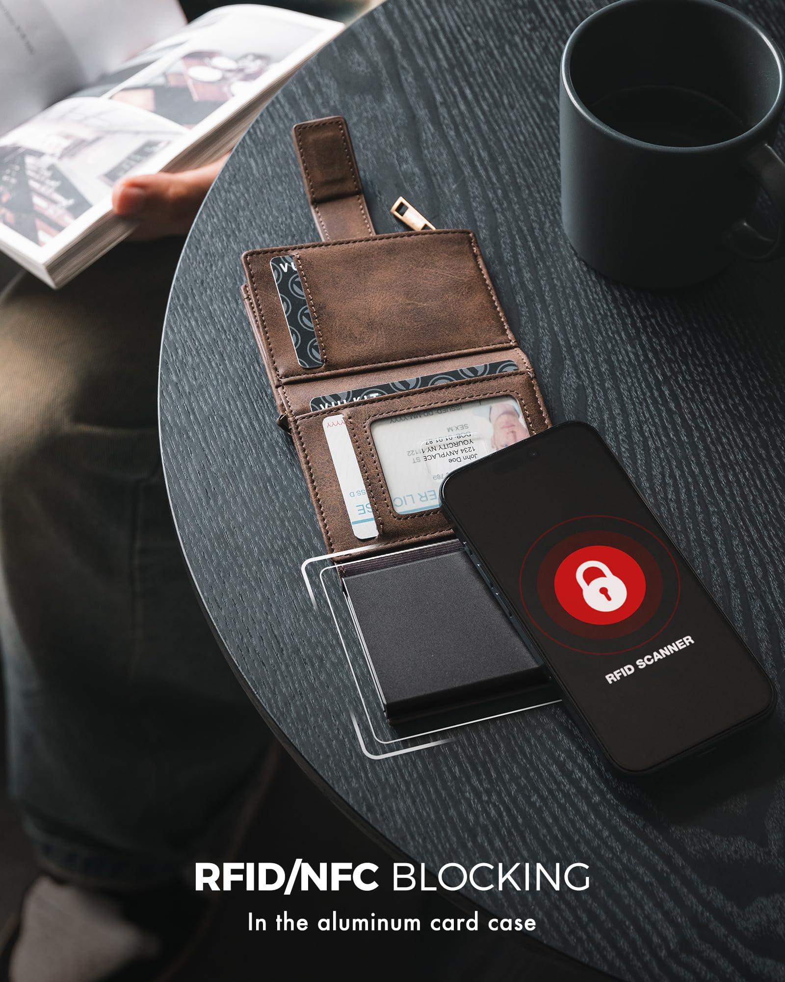 VULKIT Herren Geldbörse mit Kette, Münzfach, Pop-Up-Kreditkartenetui aus Aluminium RFID-geschützt, und Geldscheinefach, Kaffee