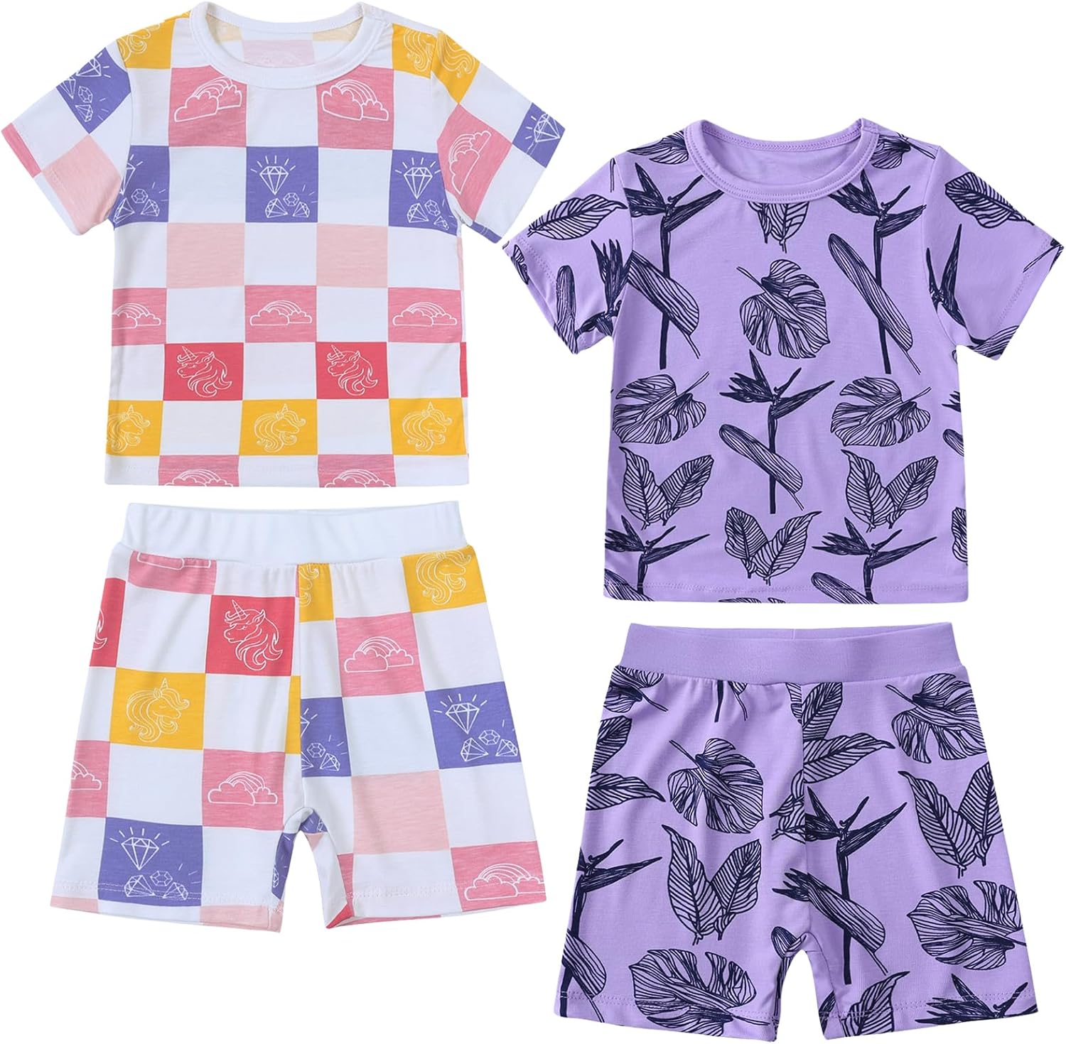 (3-4 Y) Feidoog Toddler Summer Bamboo Pajamas Set Boys Girls Cartoon 4 Piece Short Sleeve Snug Fit Sleepwear Pjs 12M-5Y