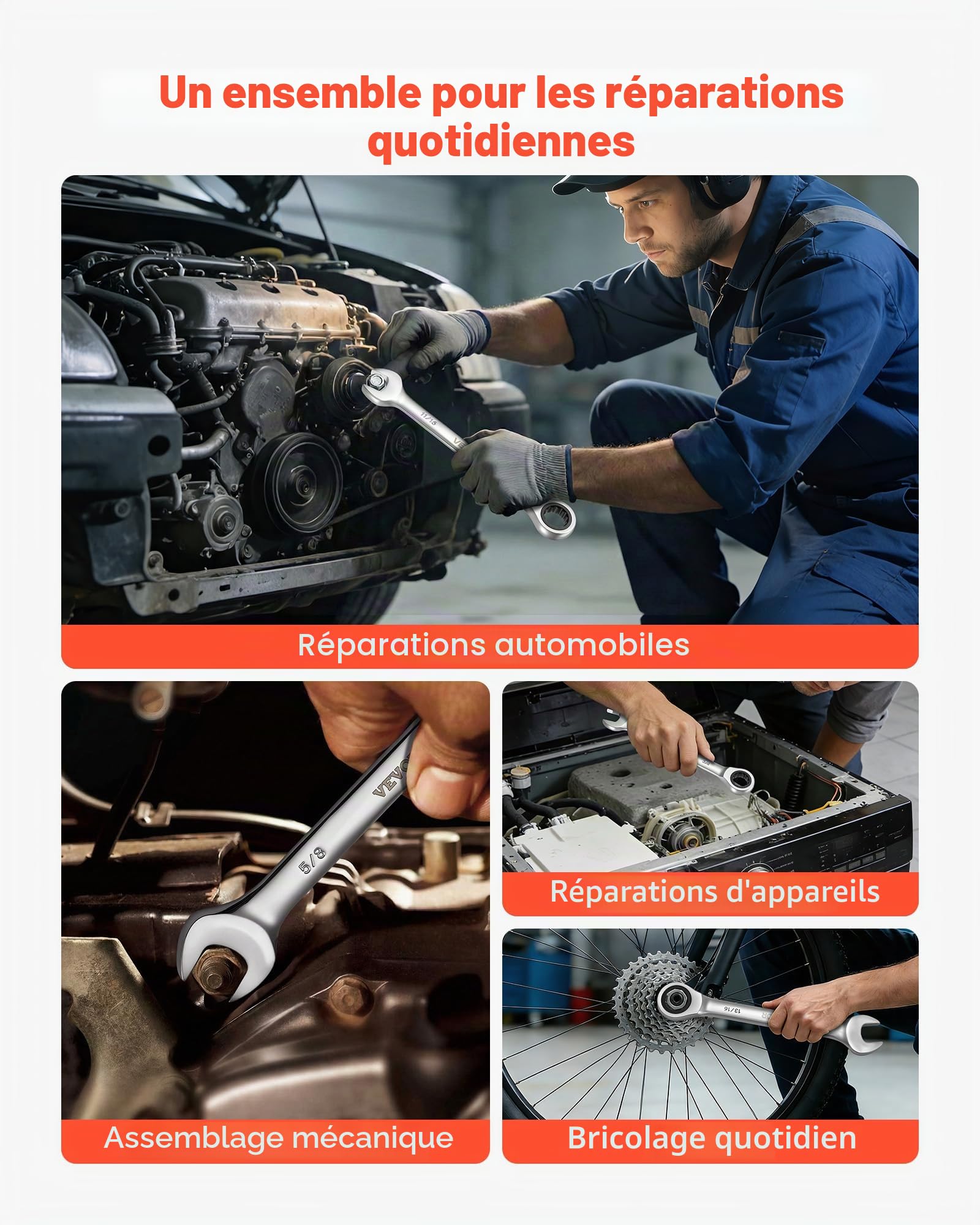 VEVOR Jeu de Clés Mixtes 16PCs, Clé Plate à Cliquet SAE, pour Réparation Domestique et Automobile, Extrémité Fourche, 72 Dents, en Acier Cr-V, avec Trousse Enroulable, Marquage bien Lisible, Argent