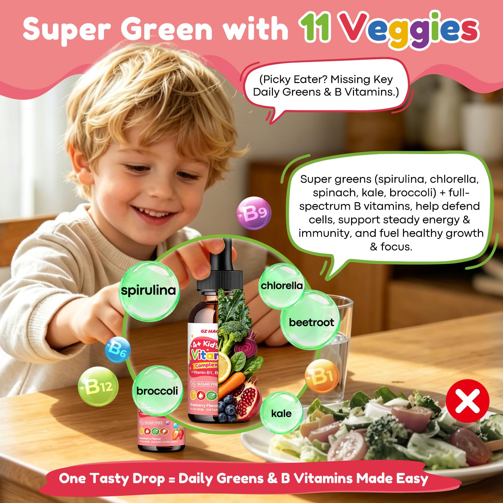 Vitamin B Complex for Kids with B1, B6, B9, B12 & Magnesium, Super Greens, Kids B Complex Supplement for Brain Support, Energy & Focus, Digestive Gut & Immune Support, Strawberry Flavor, 2 fl oz — Amazon image 3