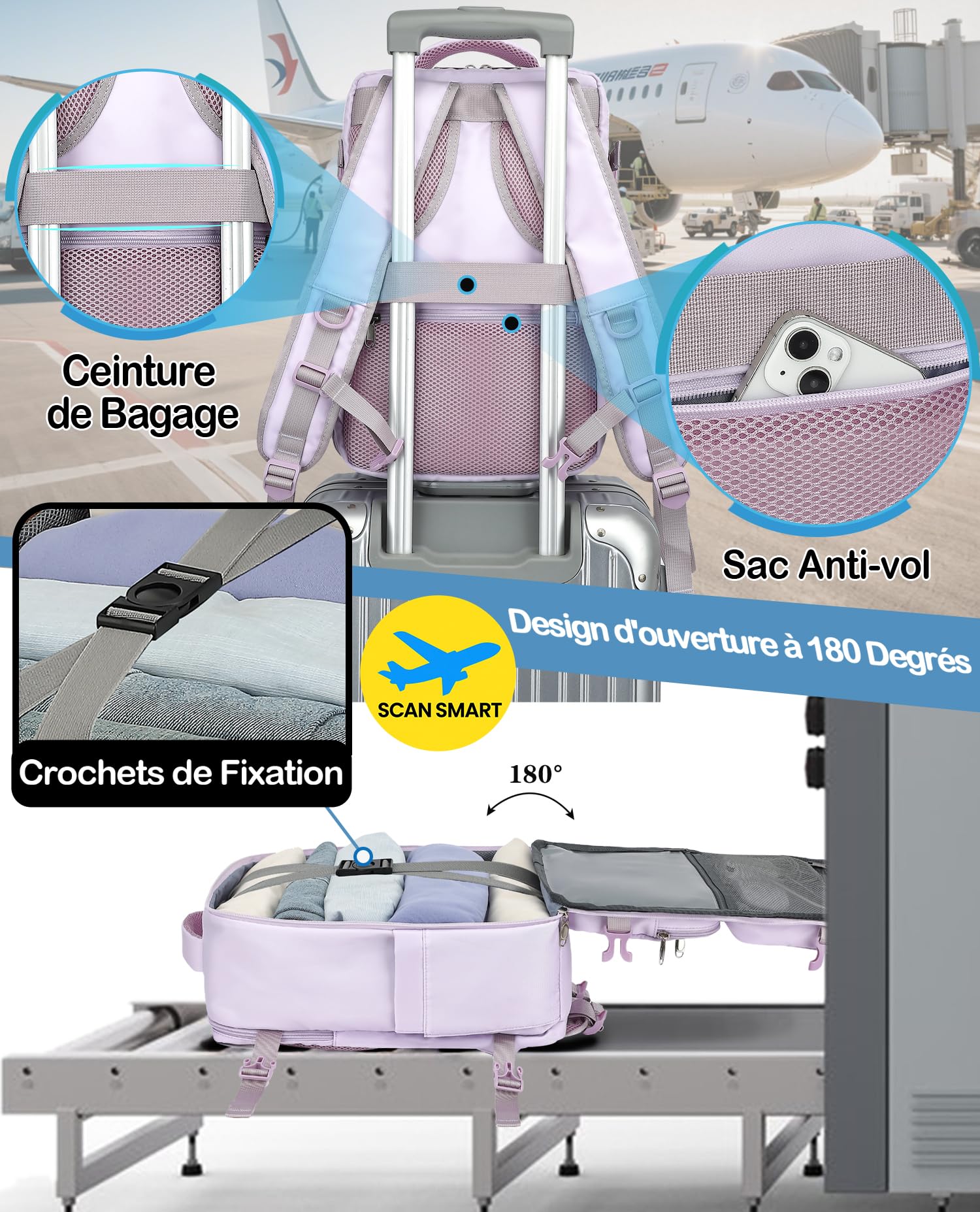 Sac a Dos Voyage Cabine Avion 45x36x20 pour easyjet Bagage Cabine Sac à Dos Voyage 30 L Bagage à Main pour Femme Homme Ordinateur Portable 15.6 Pouces(Violet Clair,M)