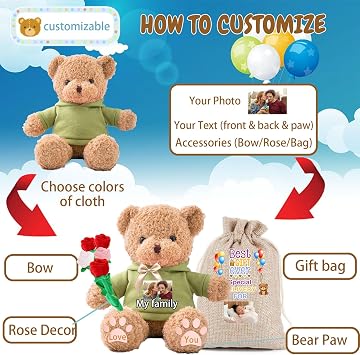 Personalized Gifts Teddy Bear for Kids/Adults Stuffed Bear Plush Toys with Text+Photo, Personalized Teddy Bear with as Gifts for Christmas Valentines Day Birthday (12inch-Text+Photo)