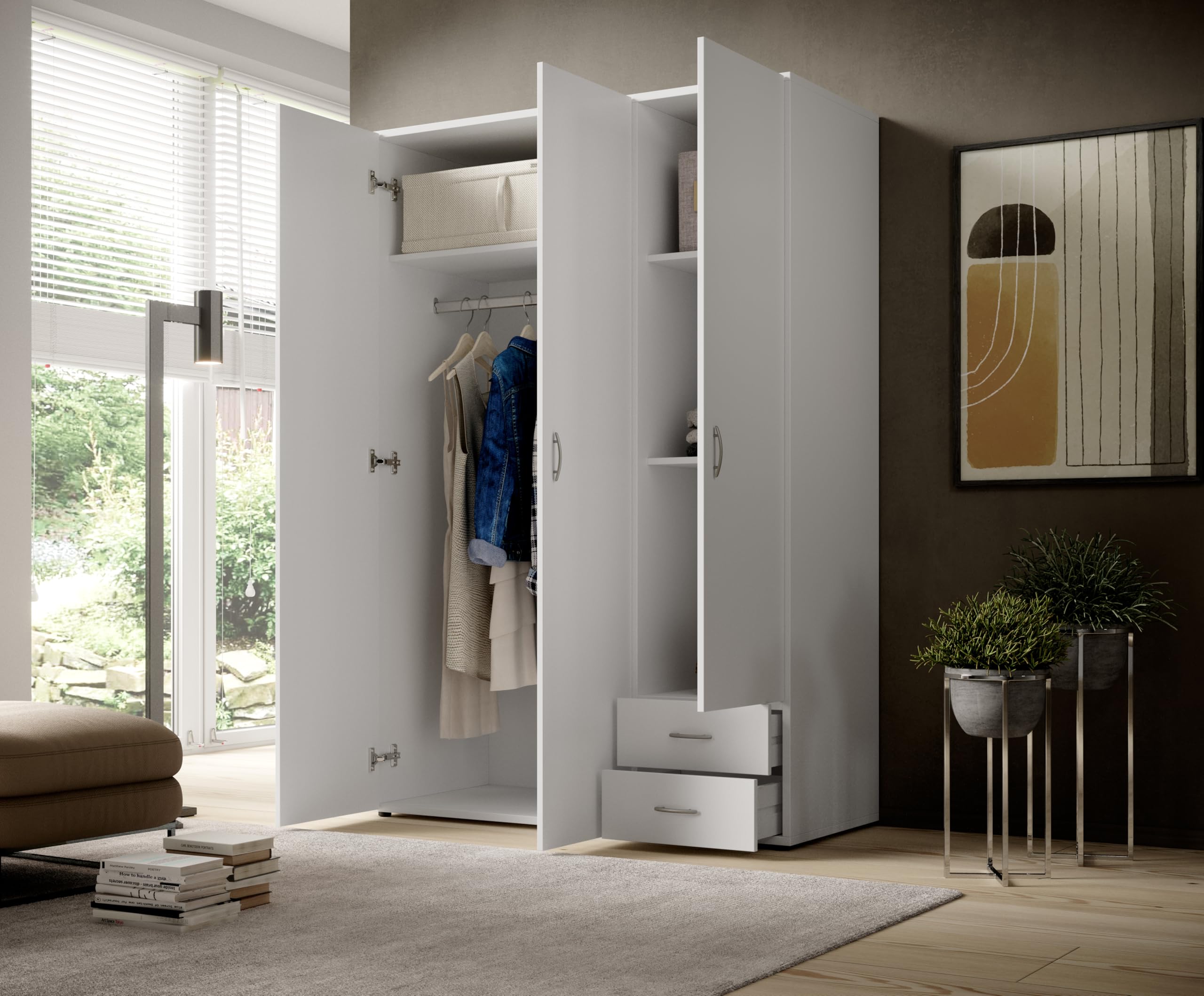 Armadio Guardaroba 3 Ante e 2 Cassetti | Armadio Camera da Letto Moderno 121x177x51 cm (LxHxP) | Ampio Spazio Organizzativo con Barra Appendiabiti | Colore Bianco