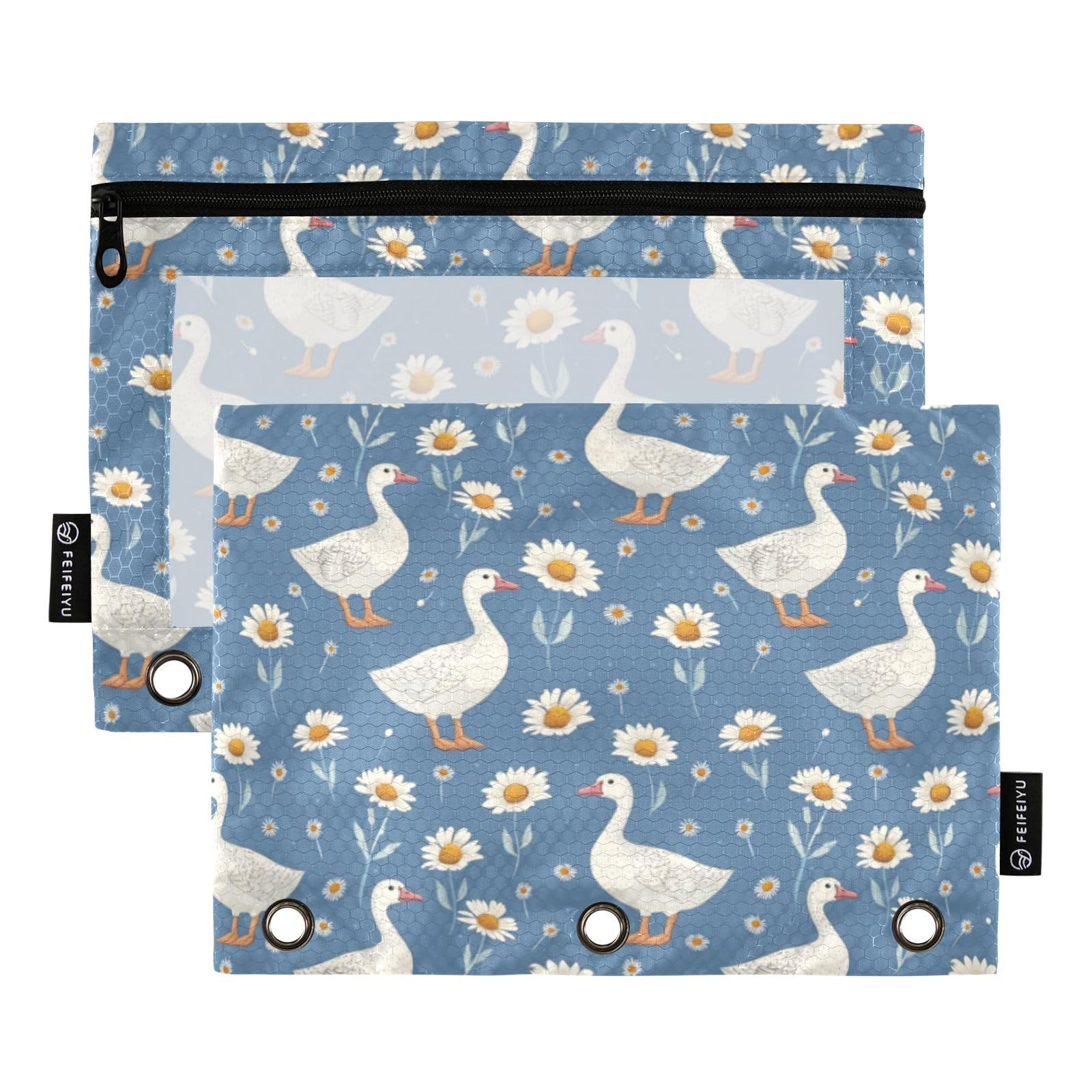 PDYRLEN Binder Pencil Pouches, Cartoon Cute Goose Pencil Case with Clear Window 3 Rings Pen Case Holder School Office Supplies Cosmetic Makeup Bag