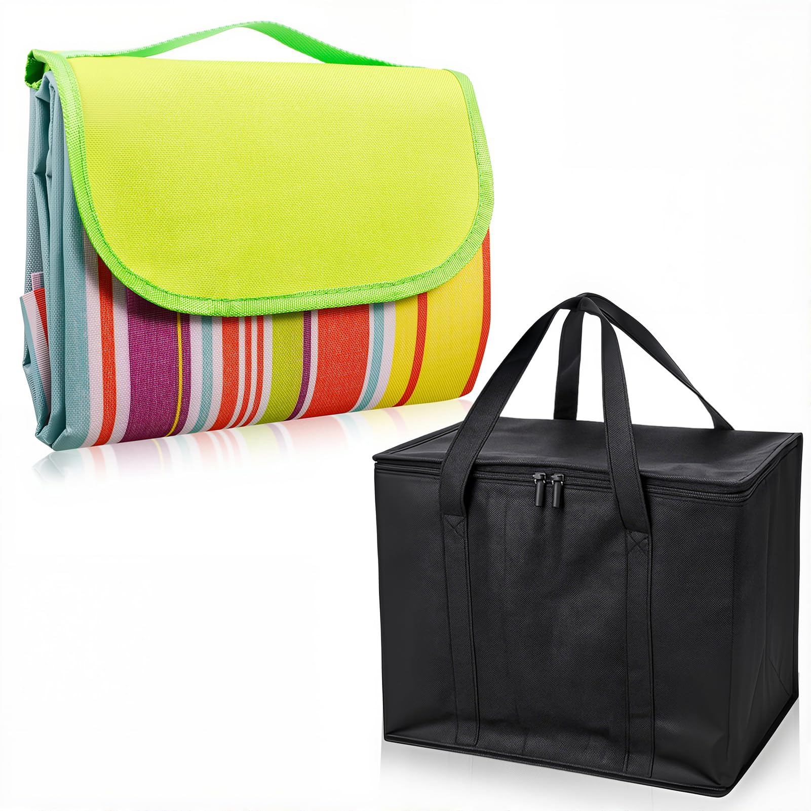 Vyuwast Picnic Blanket Waterproof 200x200cm with Cooler Bag, Camping Blanket with Carrying Handle Large Beach Picnic Mat, Insulated Grocery Shopping Bag for Family Outdoor Activities Travel Park