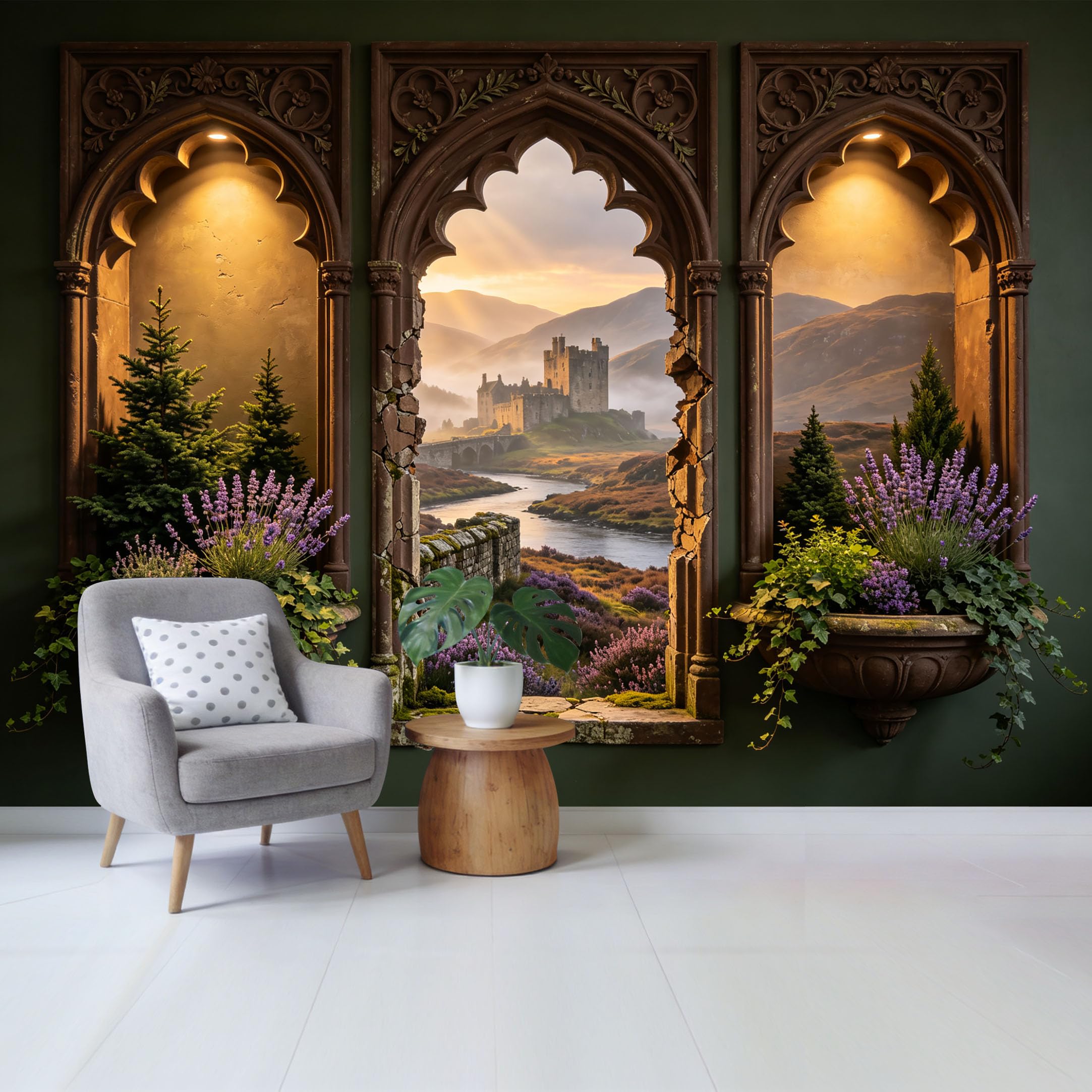 Custom Size Wall Mural Medieval Castle Landscape Window View Lavender Garden 3D Trompe L'Oeil Removable Self Adhesive Fabric Home Wall Decor for Living Room Bedroom Bathroom