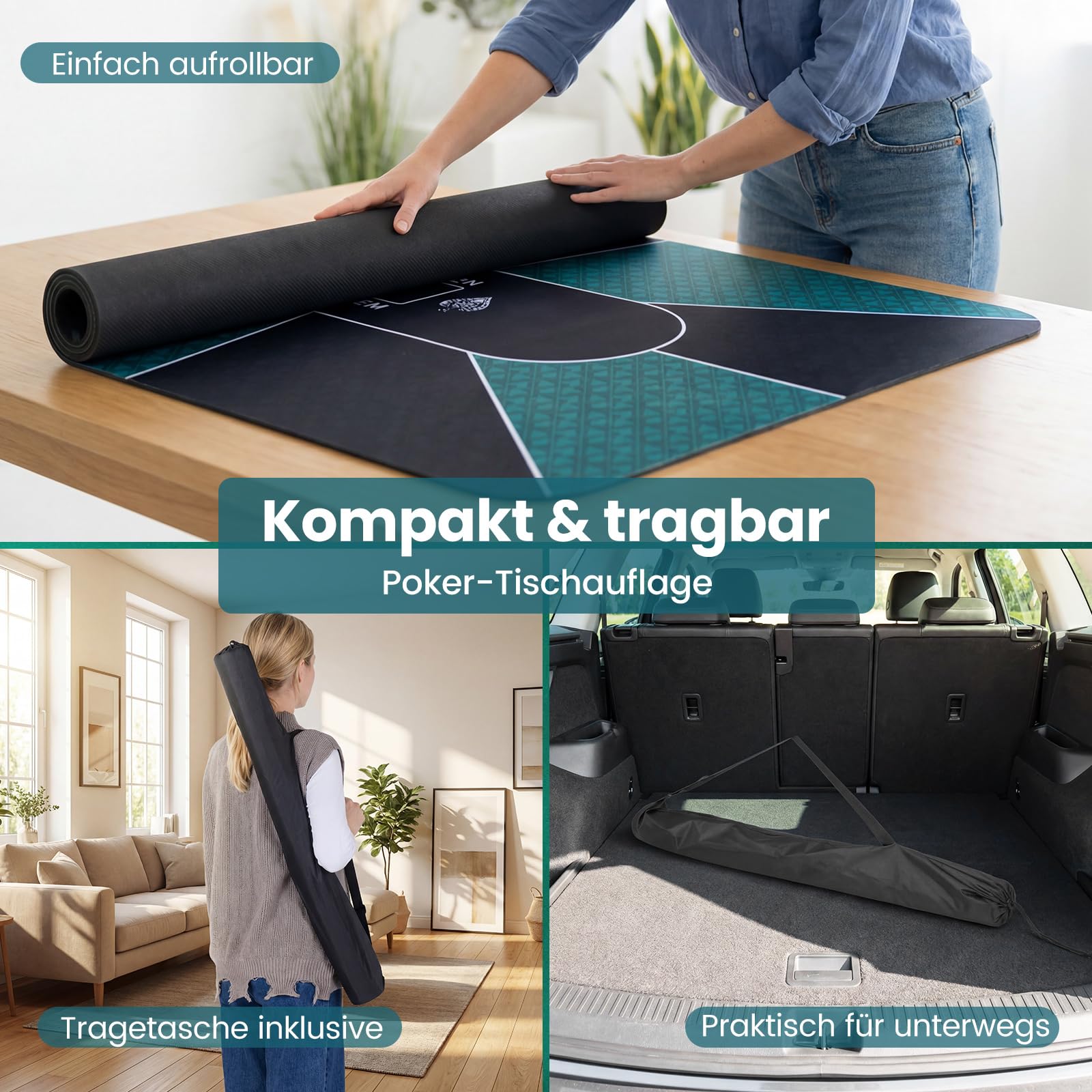 COSTWAY Pokermatte 179 x 89 cm, Texas Hold'em Pokertisch-Auflage rutschfest und wasserfest, Pokerauflage für bis zu 10 Spieler, inkl. Tragetasche, Poker Matte für Casino, Blackjack