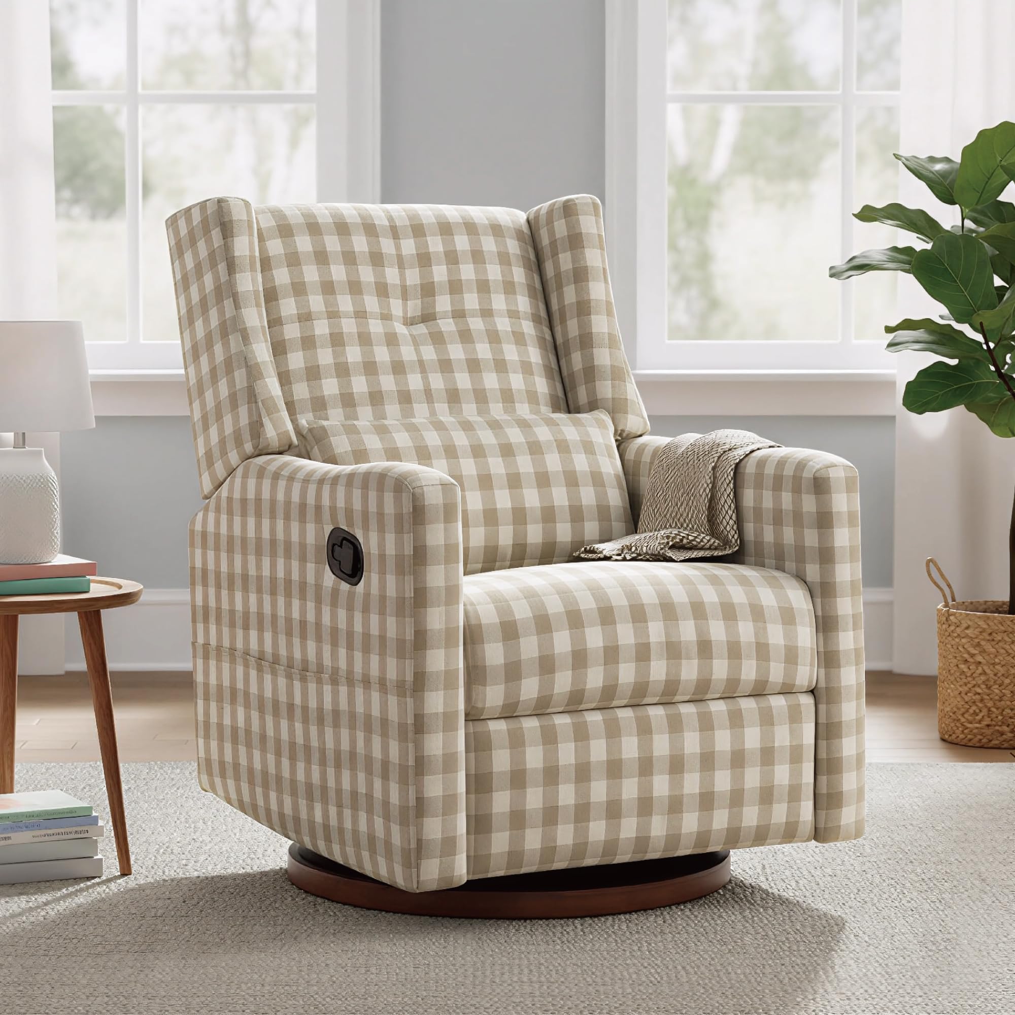 KISLOT Linen Tan Checkered Recliner Swivel Glider Chair with Wooden Base, Unassembled to be placed in box, all pieces brand new. 36.22"D x 29"W x 40.15"H