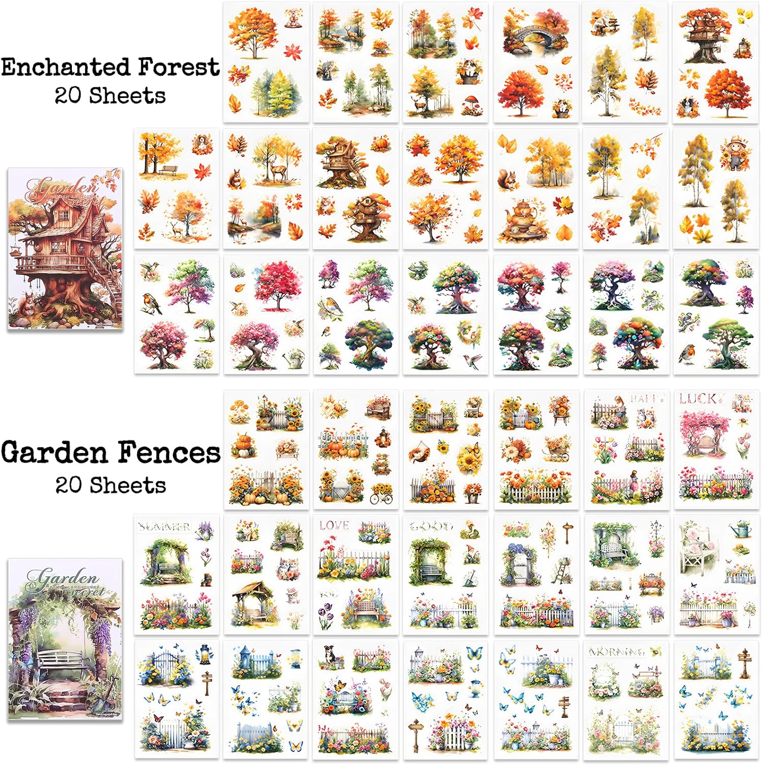 Knaid Scenery Sticker Set (490+ Pieces, 80 Sheets) 4 Pack Sticker Books Blooming Windows, Garden Houses, Enchanted Forest, Garden Fences Journaling Stickers for Scrapbook Bullet Junk Journals Planner