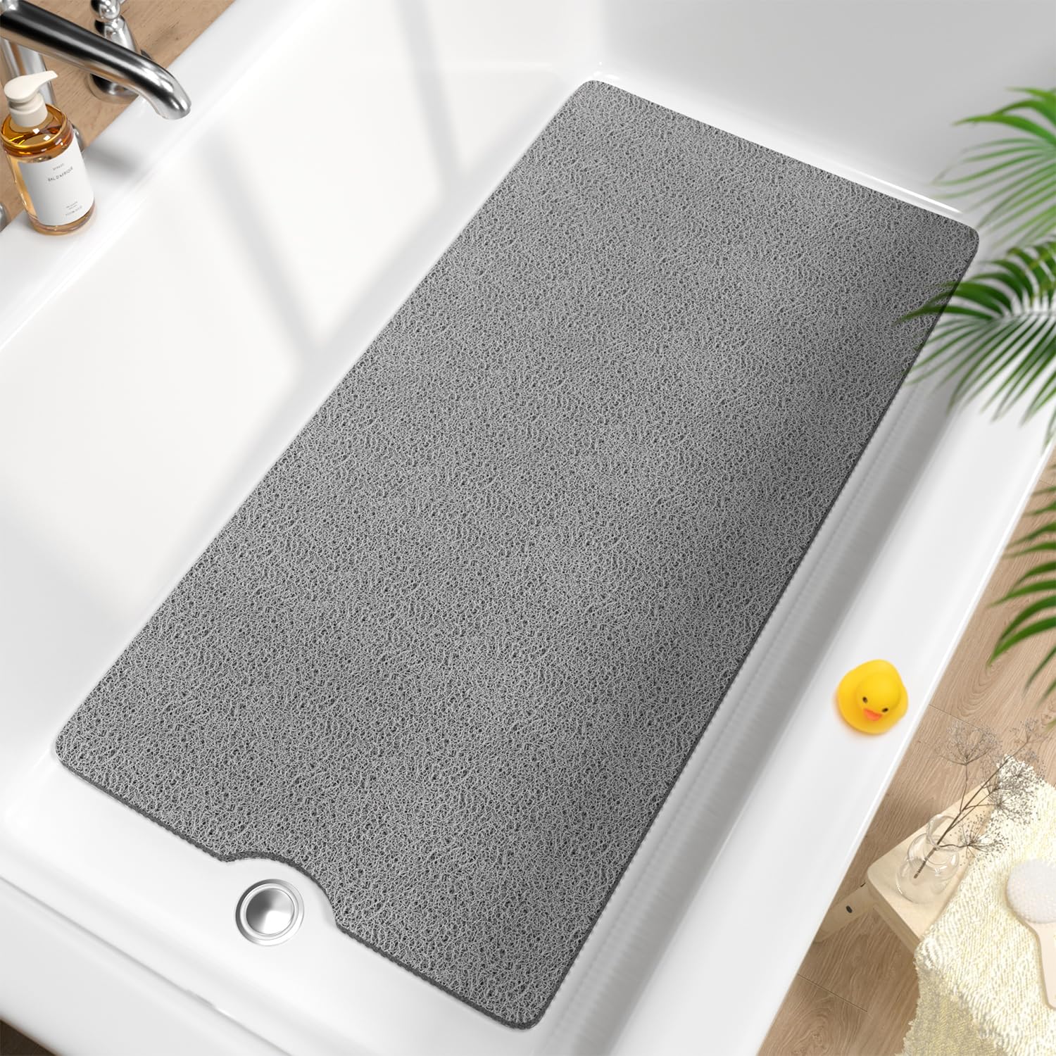HITSLAM Non Slip Bath Mat 101 x 51cm, Extra Long Shower Mats for Inside Shower, Soft PVC Loofah Bathtub Mat with Drain, Quick Drying shower mat for Wet Area, Without Suction Cup, Grey