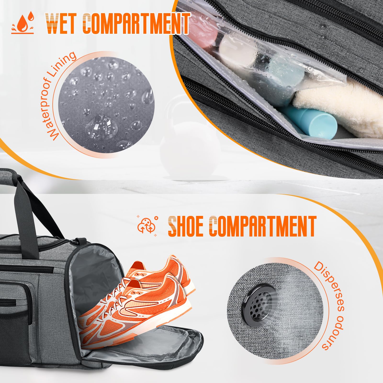 RAINSMORE Sac de Sport Homme Femme 45L Sac de Voyage avec Compartiment Chaussures et Humide pour Gym Fitness Weekend Gris