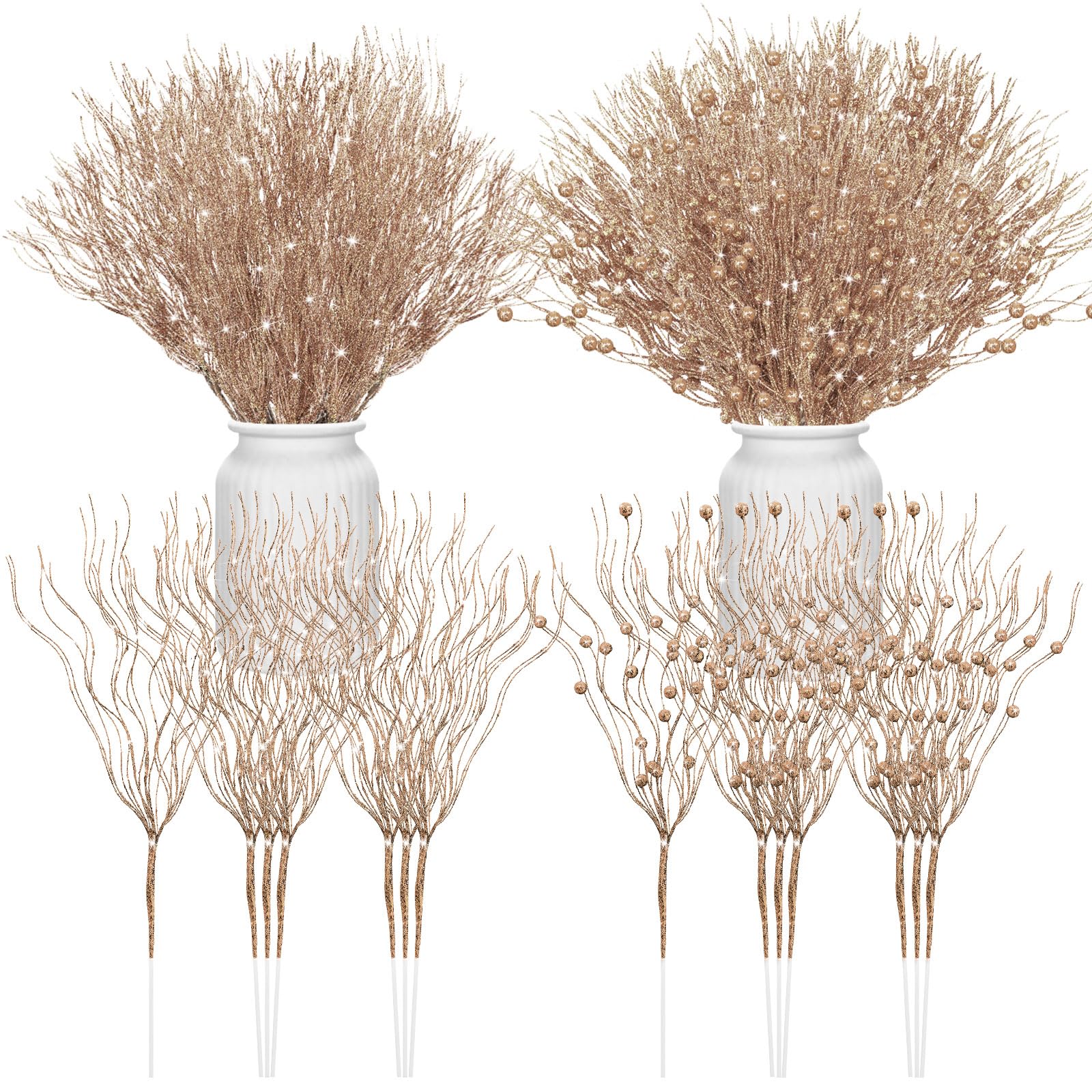 Tigeen 60 Pcs Christmas Artificial Glitter Berry Stem Decoration Bead Stick Pick 17 Inch Glittery Twig Branches for Xmas Tree DIY Small Vase Craft Wreath Gift Home Decor Party Ornament(Champagne)
