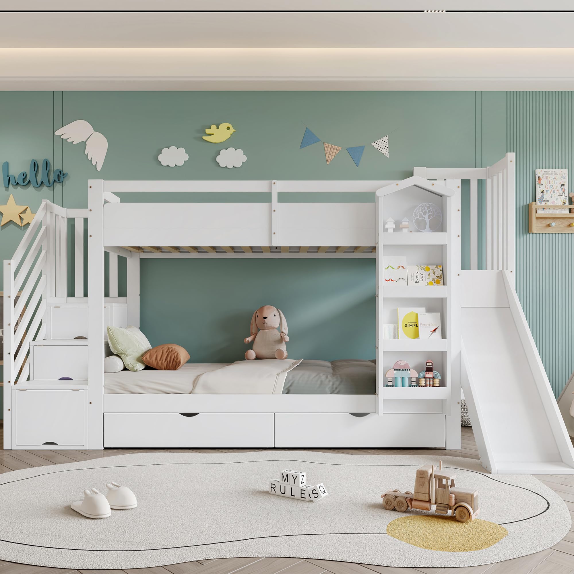 Litera, cuna, con estante para libros, dos cajones con ruedas y tobogán infantil, armario de almacenamiento para escaleras, pino + MDF + madera contrachapada, blanco, 90 x 200 cm