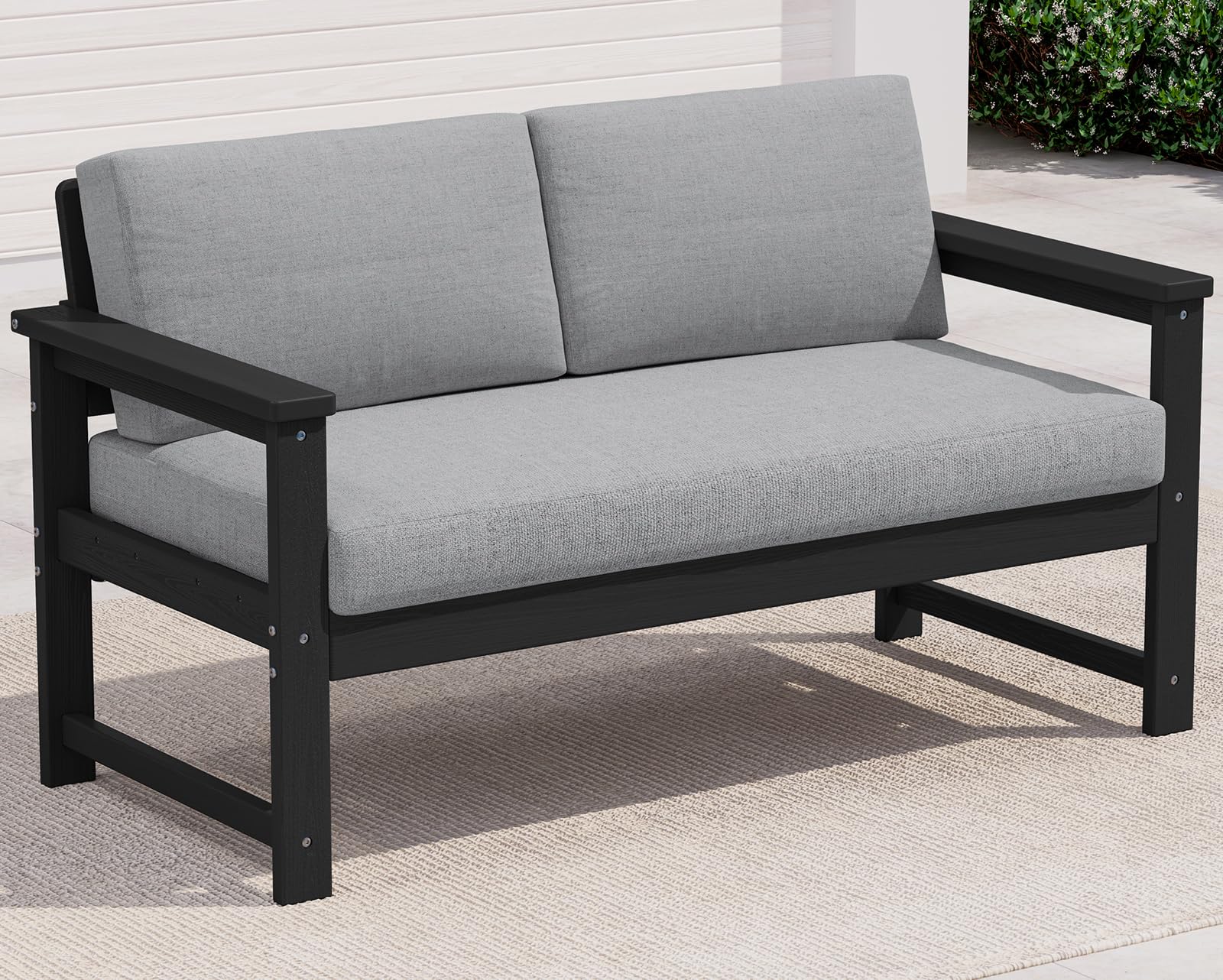 SERWALL HDPE Outdoor Loveseat with Cushion, Outdoor Sectional Furniture Set