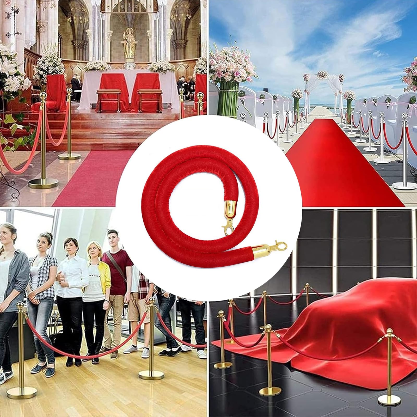 CAIFEXUE Stanchion Rope,Crowd Control Barriers for Stanchion Posts Queue Pole, Rope Safety Barrier Withd Hooks,Stanchion Queue Barrier Rope for Carpet Events,3.2Cm/Red/1.5M