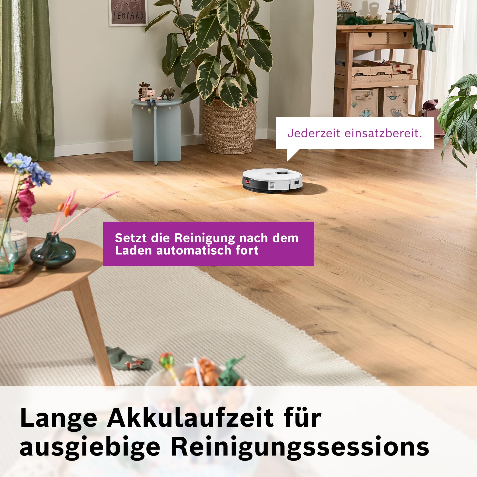 Bosch Spotless + BCRD1W Saugroboter mit Wischfunktion, 11.000 Pa Saugkraft, Wischpad, Trocken-Servicestation, Smart Vision Navigation mit Infrarot-Licht, Steuerung per App, weiß