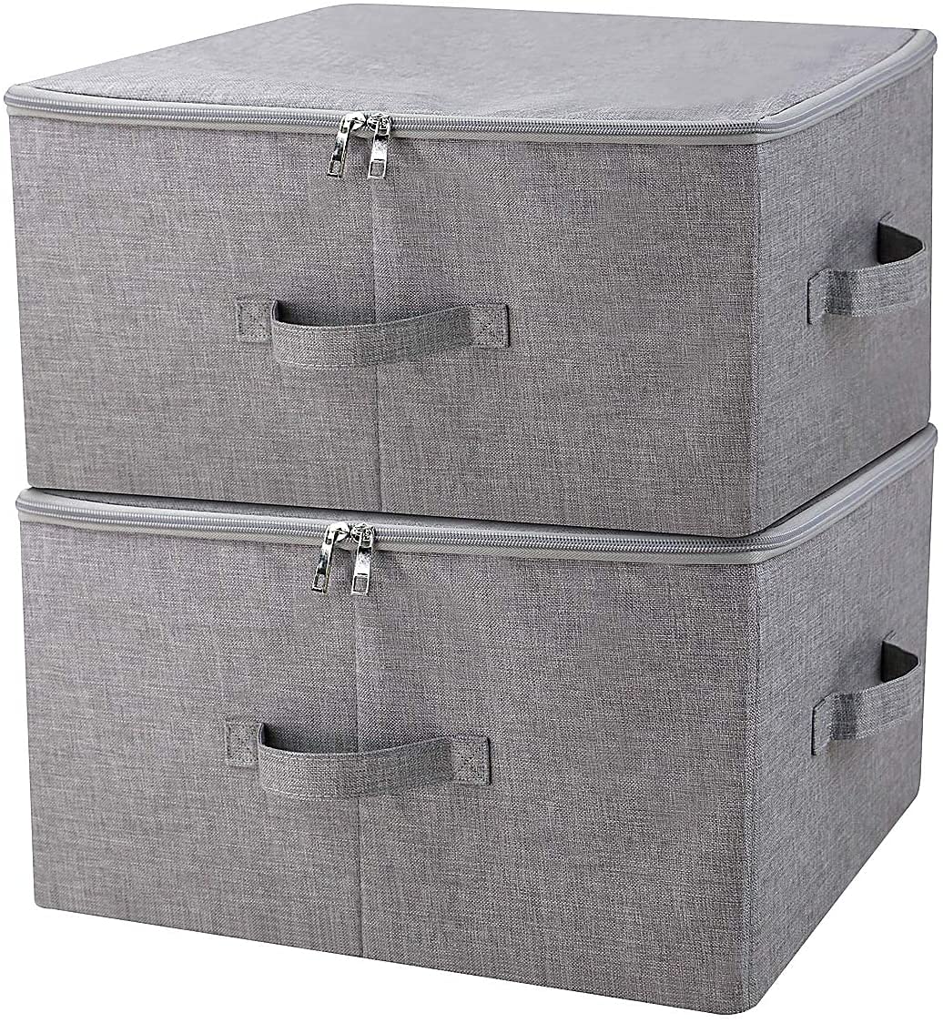 Esyauto 2 pcs Large Foldable Zipped Storage Boxes,45x35x25cm,Gray