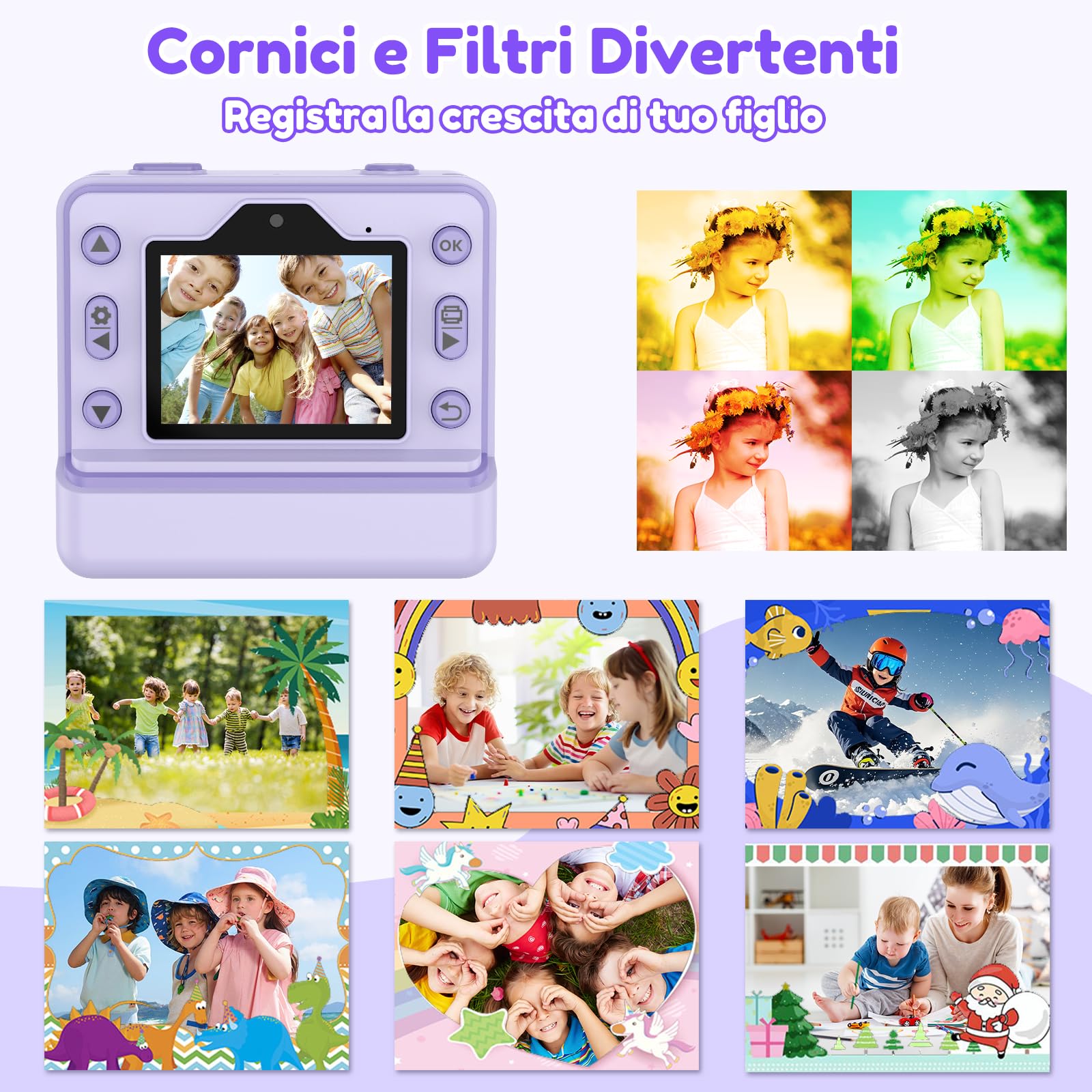 Macchina Fotografica Bambini Istantanea, 48M/1080P Fotocamera Bambini Selfie, 2.4 Pollici Macchina Fotografica Banbini con Carta da Stampa e 32GB Scheda,Regali per Ragazze Ragazzi 3-12 Anni (Viola)