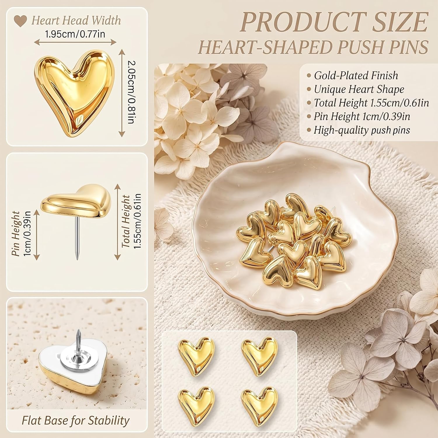 50Pcs Heart Gold Push Pins for Corkboards, Cute Thumbtacks, Decorative Push Pins for Photos Posters Wall Bulletin Board Home Office Supplies Accessories image 2