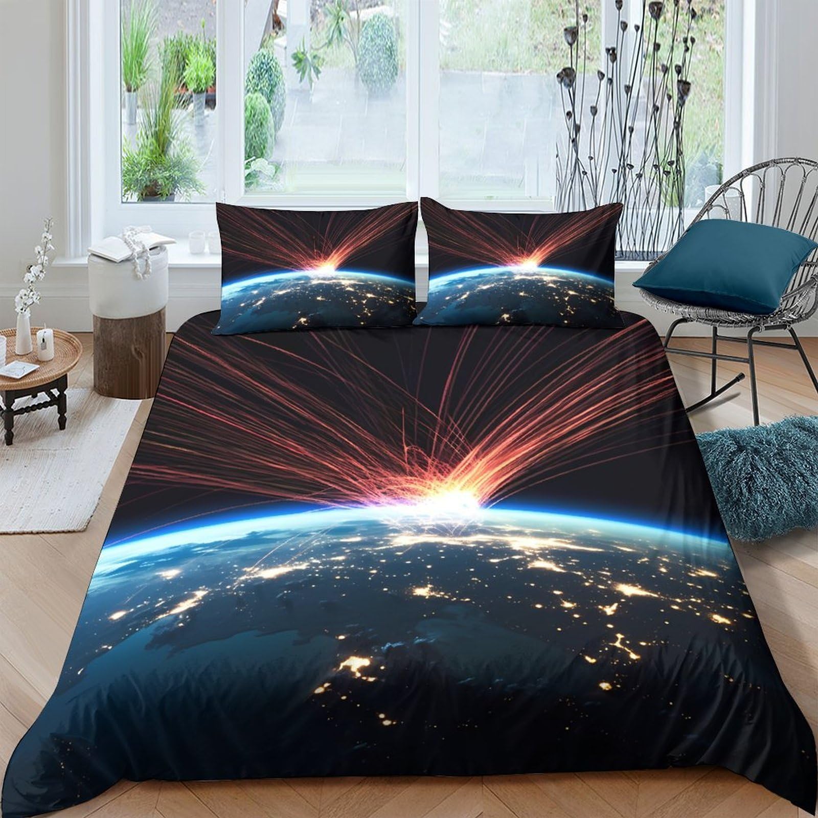 GPLZQXKJNH 3D Printed Earth Sunrise Duvet Cover Set Microfiber Soft Breathable Space Explosion Quilt Cover with 2 Pillowcases for Bedroom Decor Single（135x200cm）