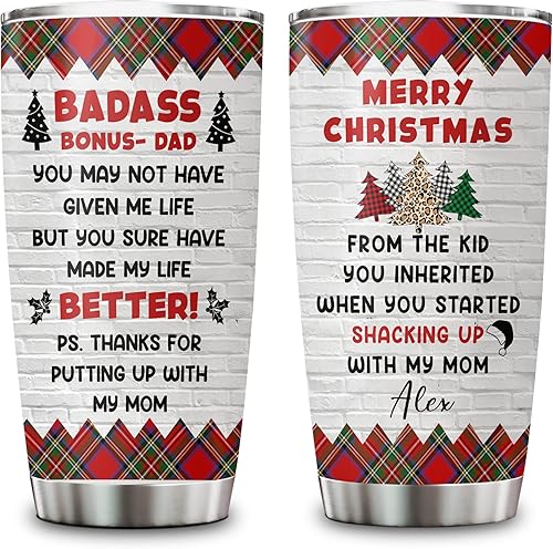 Vista 14 de Hyturtle Regalos divertidos personalizados de Navidad para padrastro de hijo e hija – Vaso de acero inoxidable de 20 onzas con nombre personalizado