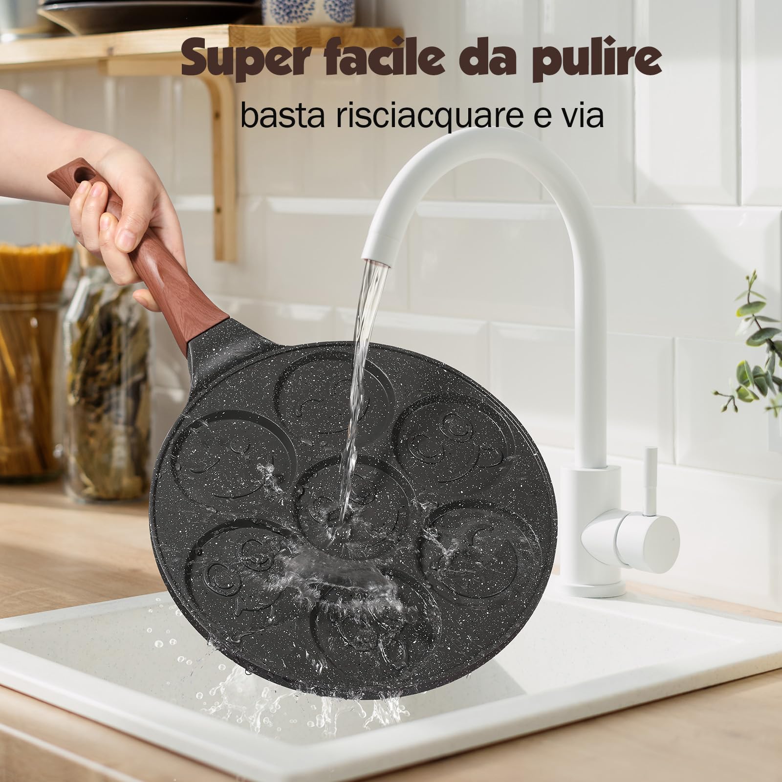 YASHE Pancake Padella per bambini con Smiley, 7 fori, in alluminio pressofuso, perfetta per la colazione dei bambini, brunch, feste e festività
