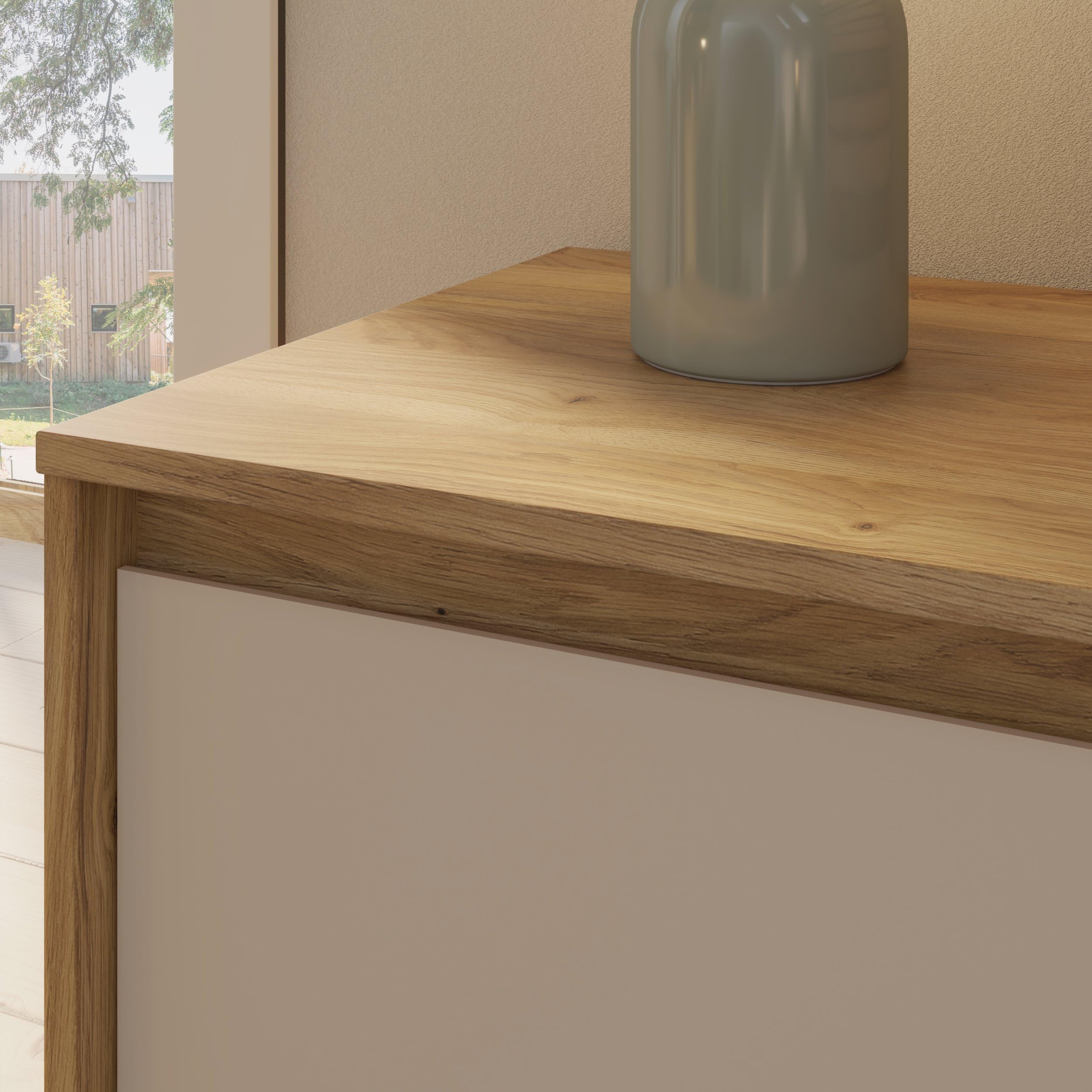 Forte ELISTON Kommode 90, Moderne Kommode mit Lamellendesign, 2-türig, 1 Schublade, Wohn-/Schlafzimmer, Mauvella Eiche Holzdekor|Kashmir Beige, 89 cm breit x 81,7 cm hoch x 41,5 cm tief