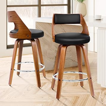 ALFORDSON 26" Counter Height Bar Stools Set of 2, Swivel PU Leather Upholstered Barstools with Curved Bentwood Back & Legs, Mid-Century Modern Bar Chairs for Kitchen Island, Dining, Black & Brown
