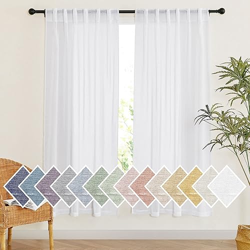 NICETOWN Cortinas semitraslúcidas de mezcla de lino, bolsillo para barra y pestaña trasera, cortinas para ventana de dormitorio, privacidad con