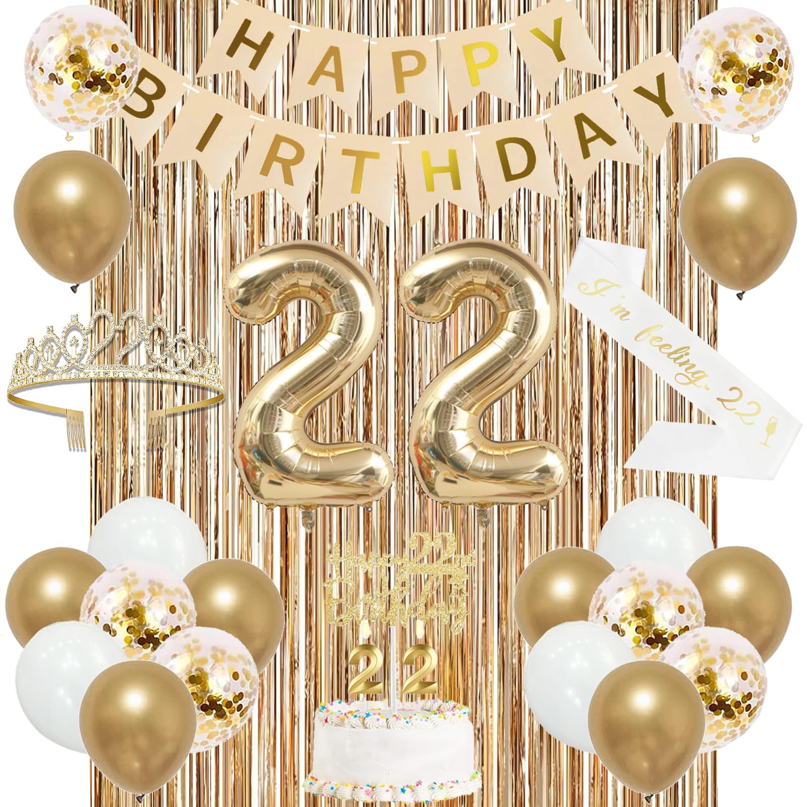 Photo 1 of Trgowaul 22nd Birthday Decorations for her, Champagne Gold Happy 22nd Birthday Supplies for Girls, 22 Sash and Crown, Banner, Fringe Curtains, Cake Topper, 22 Year Old Party Supplies Set