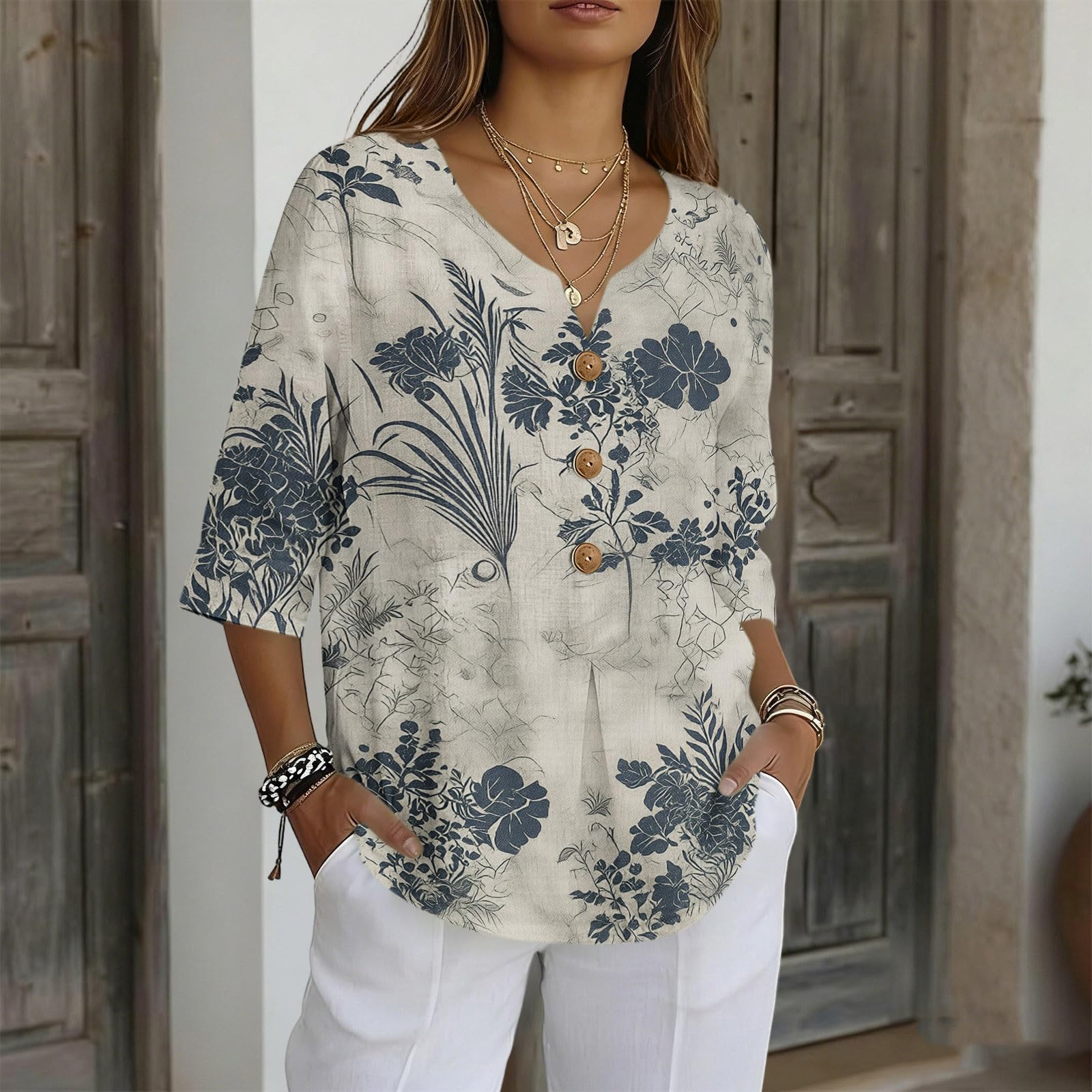 Bluse Damen Elegant V-Ausschnitt Oberteile 3/4 Arm Sommer T-Shirt Einfarbig Knopfleiste Leinenblusen Retro Lässig Locker Blusenshirt Basic Tunika Shirt Urlaub Leicht Hemdbluse Druck Top