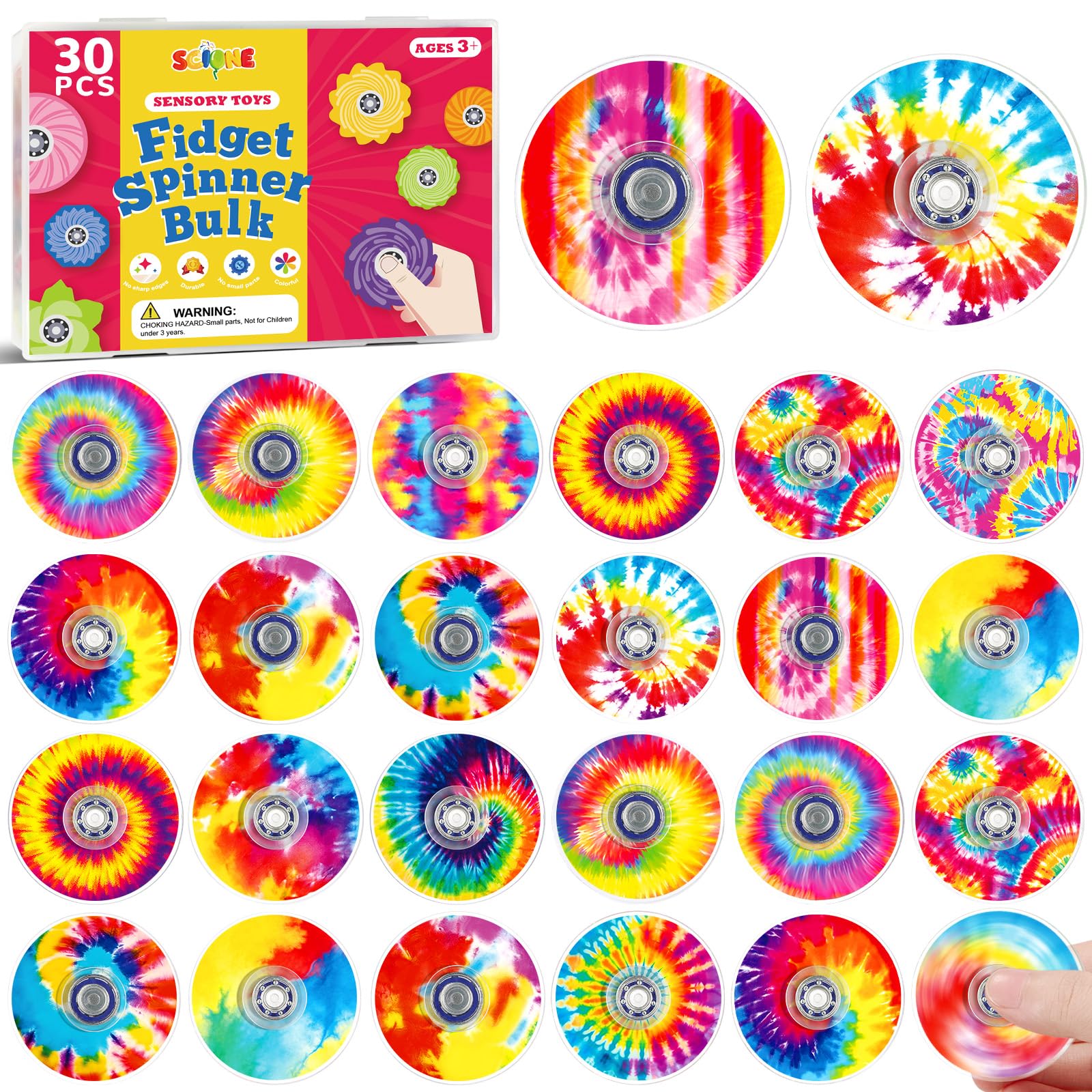SCIONE 30 Pack Mini Fidget Spinners Party Bag Fillers for Kids, 15 Unique Tie Dye Patterns Acrylic Hand Spinners, Bulk Sensory Toys for Classroom Rewards, Pinata Fillers, 1.5"
