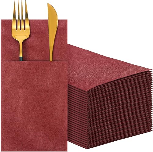 150 servilletas de papel de lino desechables Airlaid Servilletas de cena, toalla de mano para invitados con bolsillo integrado para cubiertos para