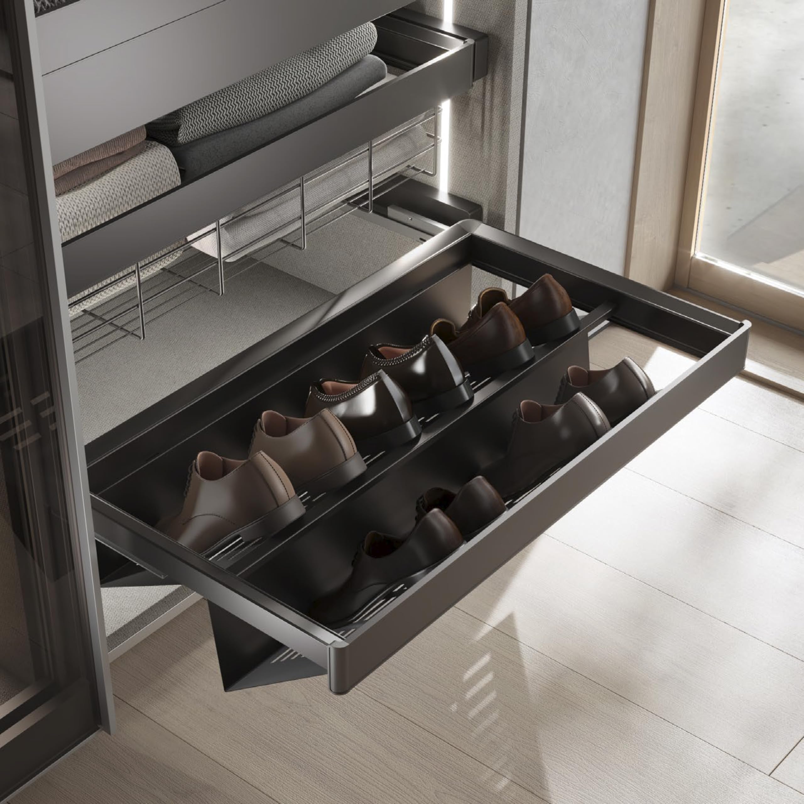 Emuca - Kit de cajón zapatero extraíble para armarios Quartz, regulable, módulo 700mm, Acero, aluminio y plástico, Titanio