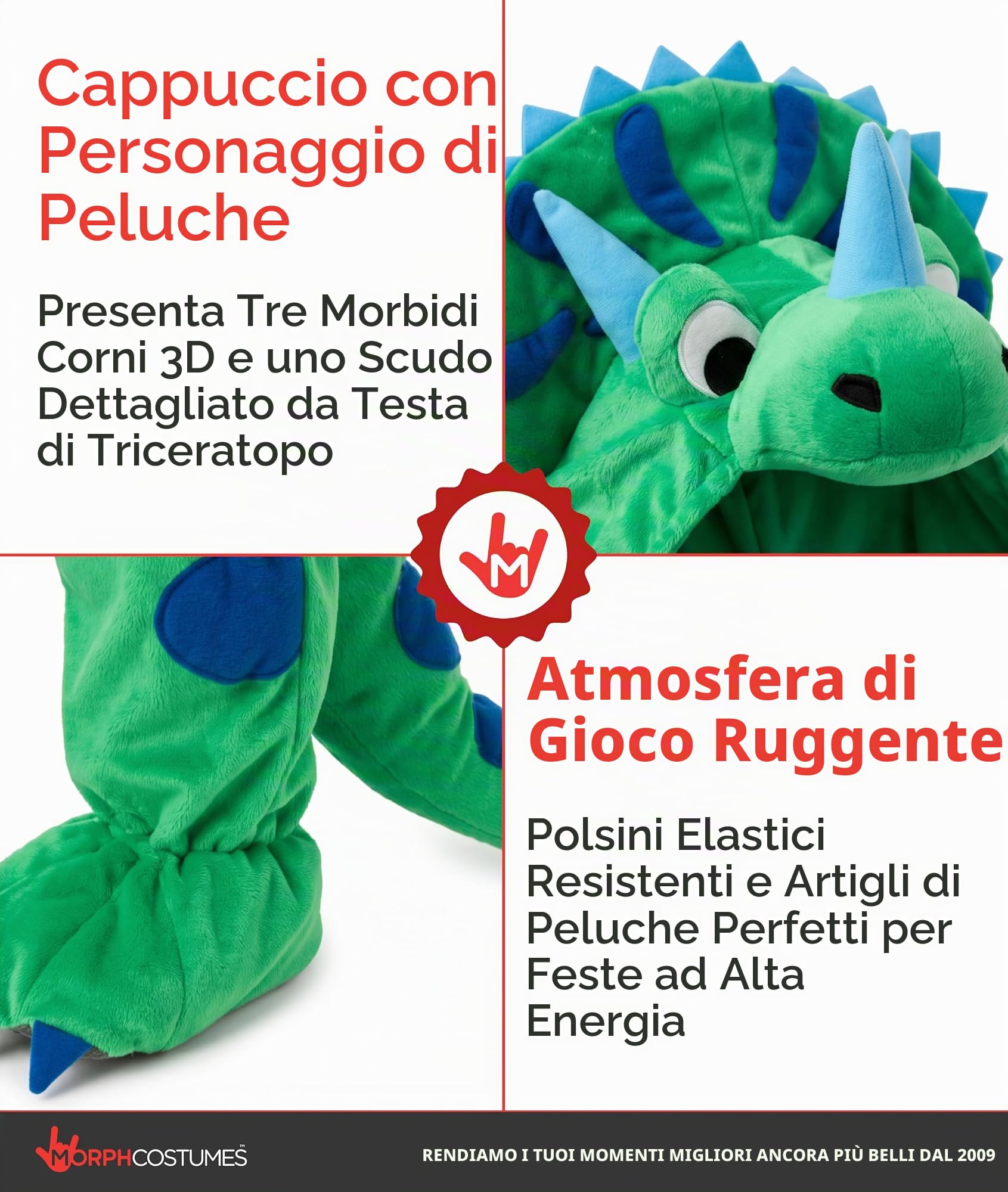 Morph Costume Triceratopo Bambino, Costume Halloween Bambino | Tuta con Piedi, Coda & Cappuccio, Design Triceratopo Blu, Perfetto per Halloween, Ideale per il Gioco di Ruolo