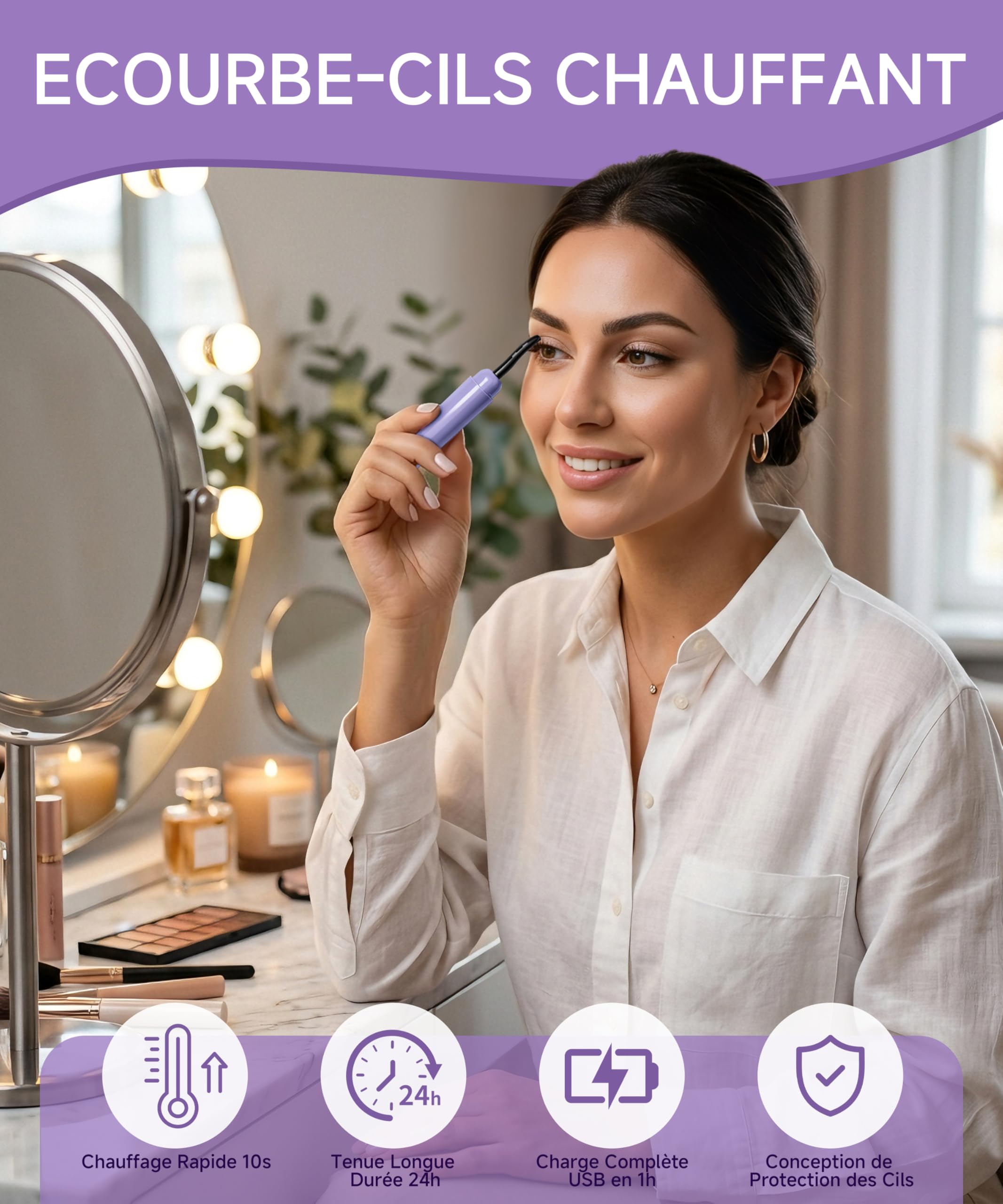 Recourbe-Cils Chauffant S800, LED, 6 Niv, USB-C, Violet/Or Rose | Obtenez une courbure parfaite et durable en 10s grâce à ce recourbe-cils chauffant à 6 températures et rechargeable USB-C.