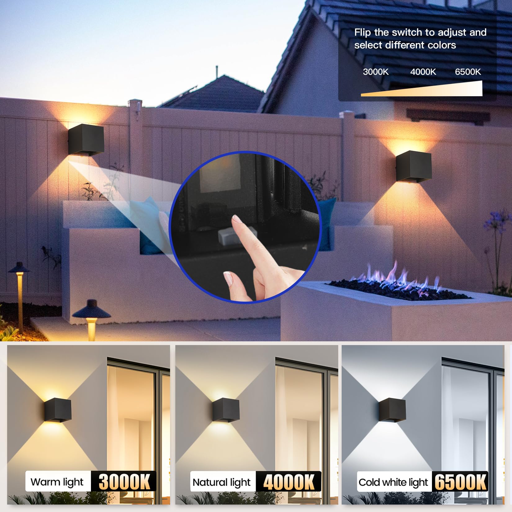 wisdom line Lampada da parete per esterni da 6W nero opaco, 3 temperature di colore, regolazione dell'angolo del fascio luminoso superiore e inferiore, impermeabile IP65, lampada a parete 2 pezzi